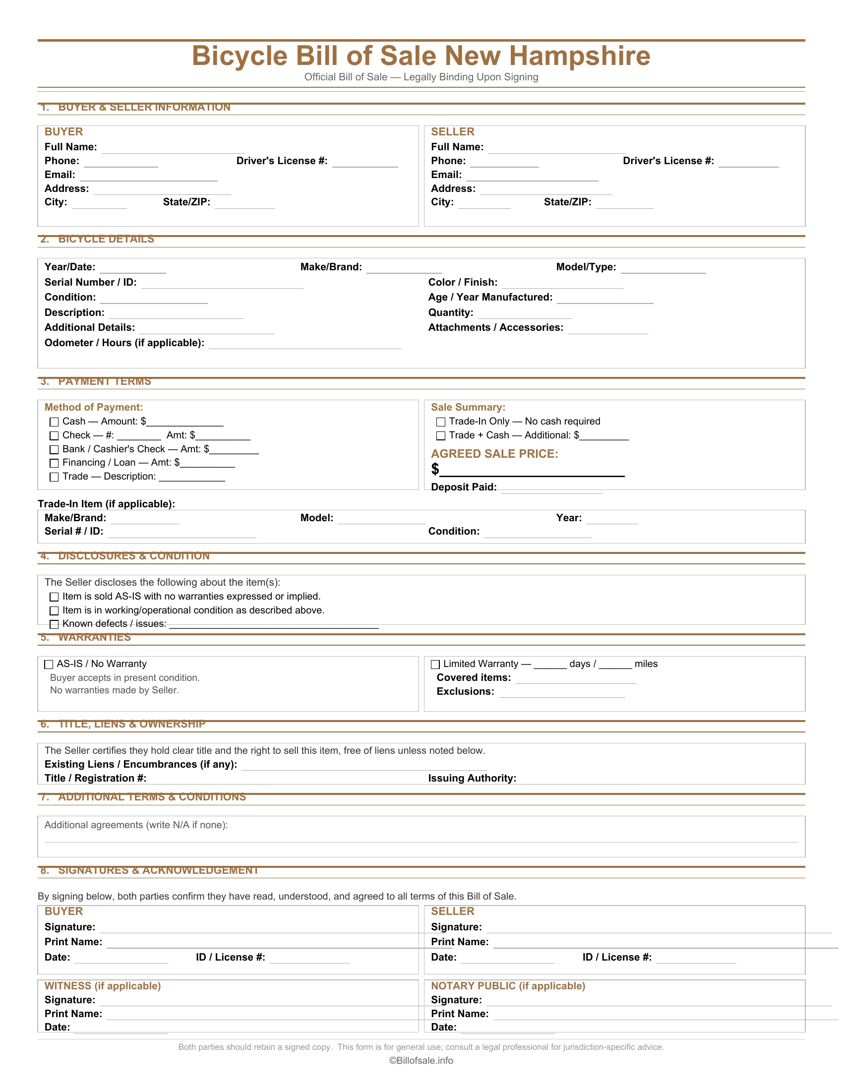New Hampshire Bicycle Bill of Sale