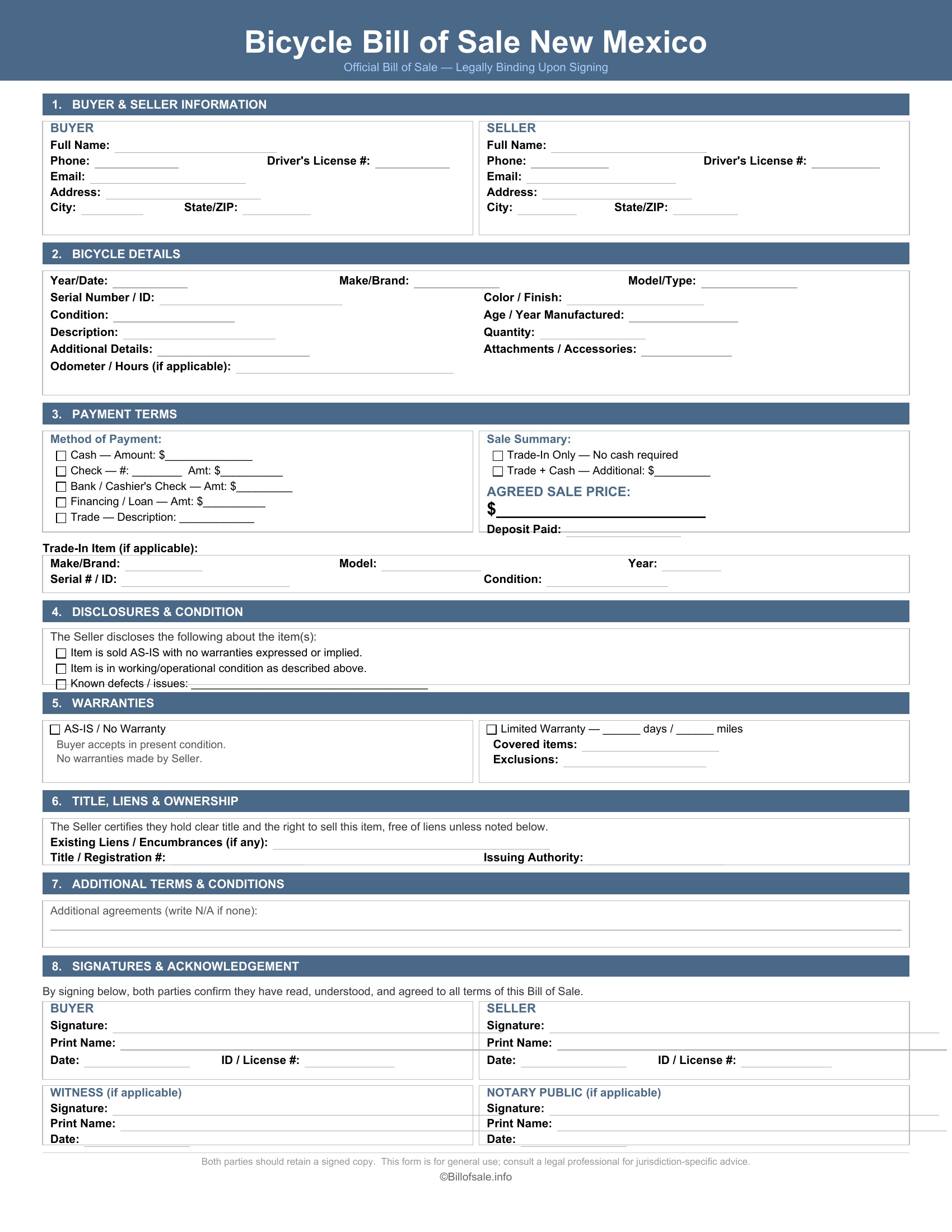 New Mexico Bicycle Bill of Sale