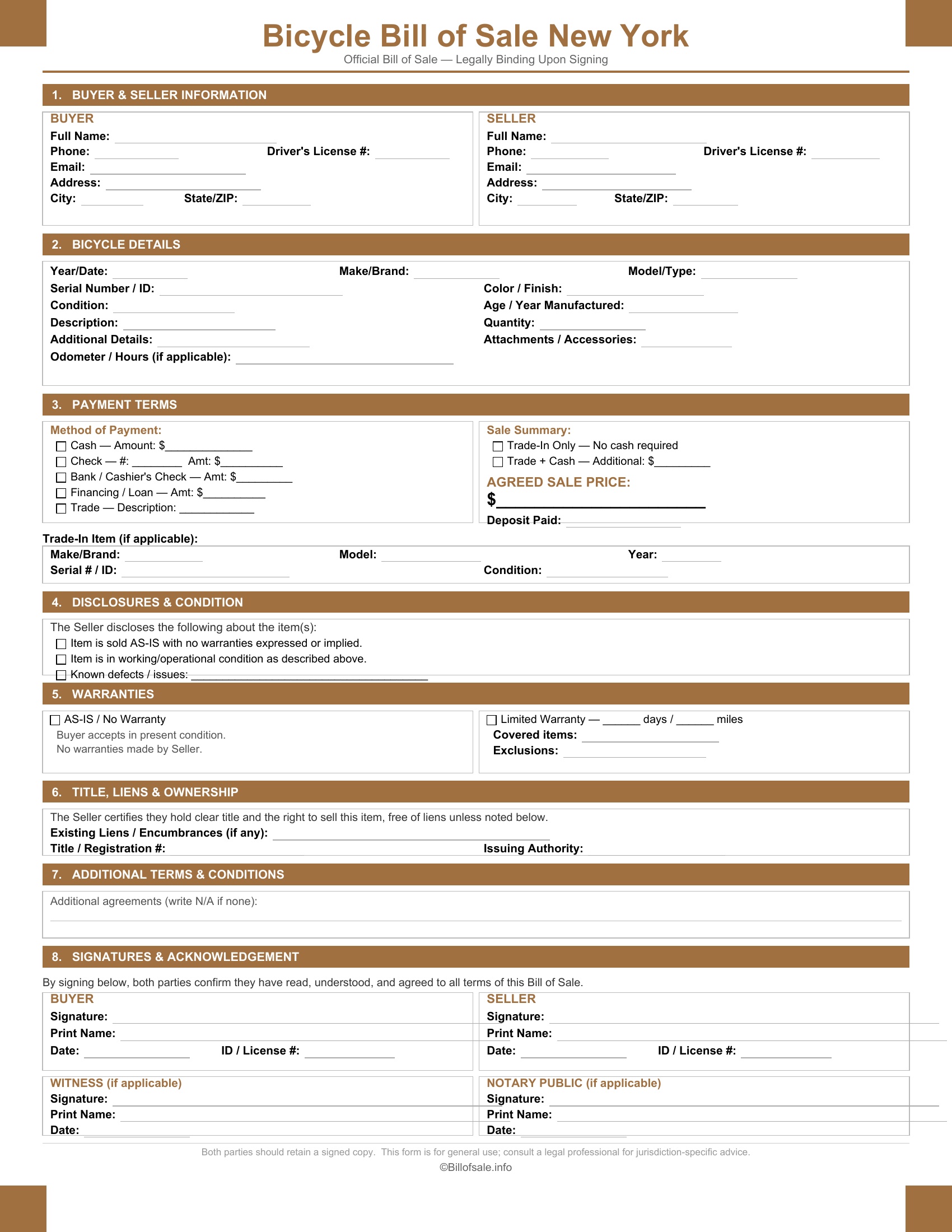 New York Bicycle Bill of Sale