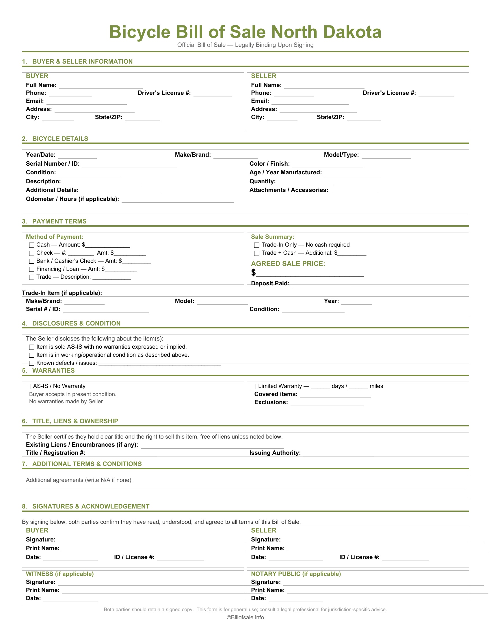 North Dakota Bicycle Bill of Sale