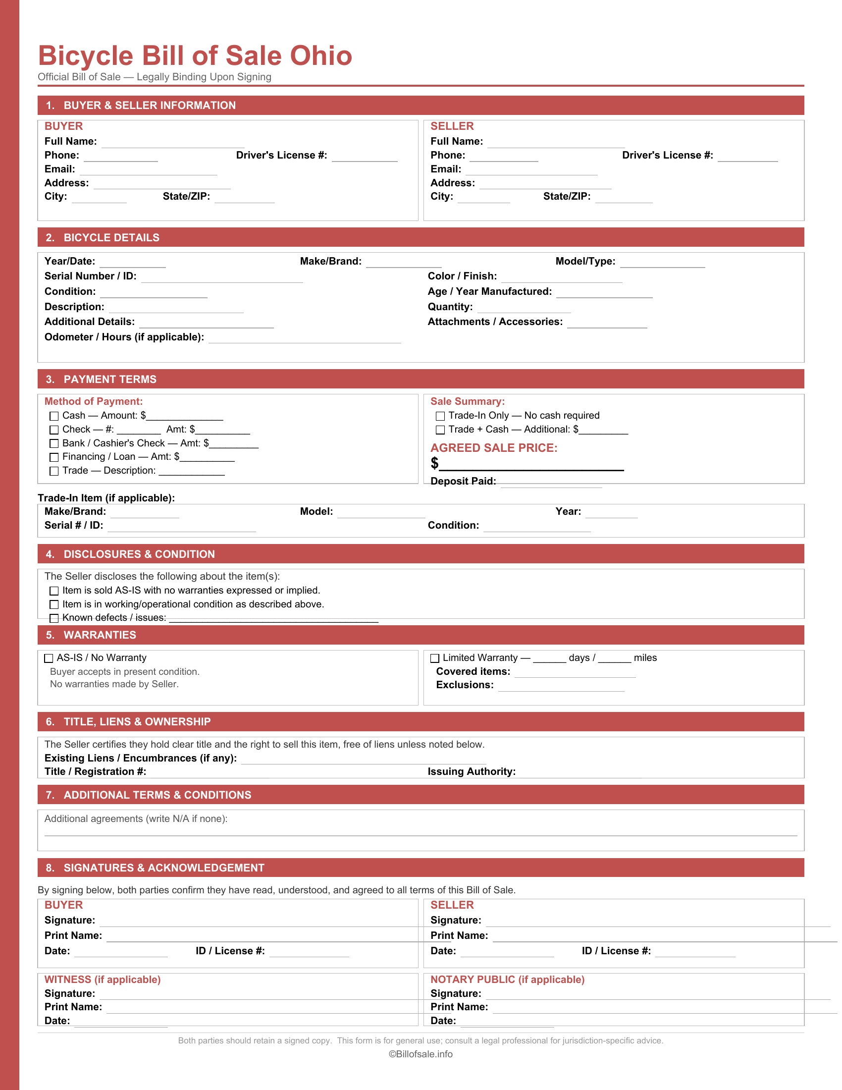 Ohio Bicycle Bill of Sale