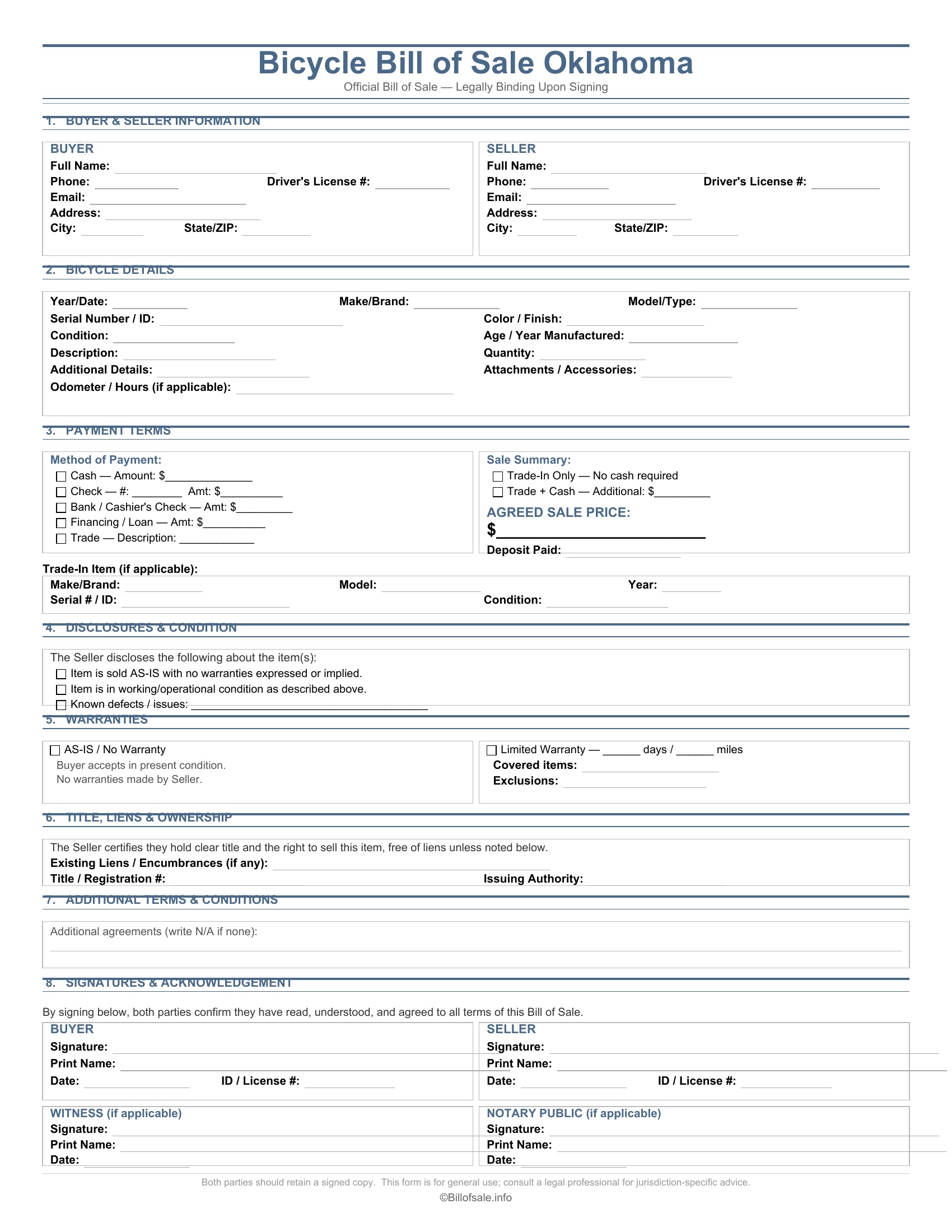 Oklahoma Bicycle Bill of Sale