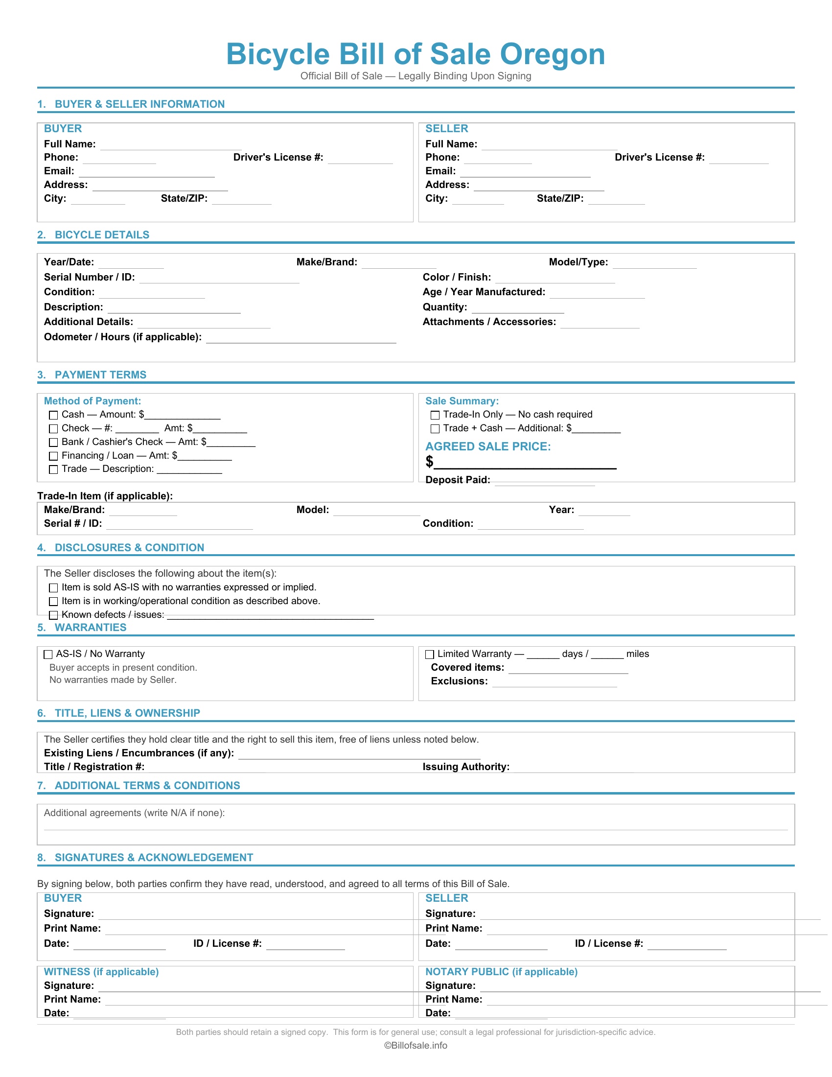 Oregon Bicycle Bill of Sale