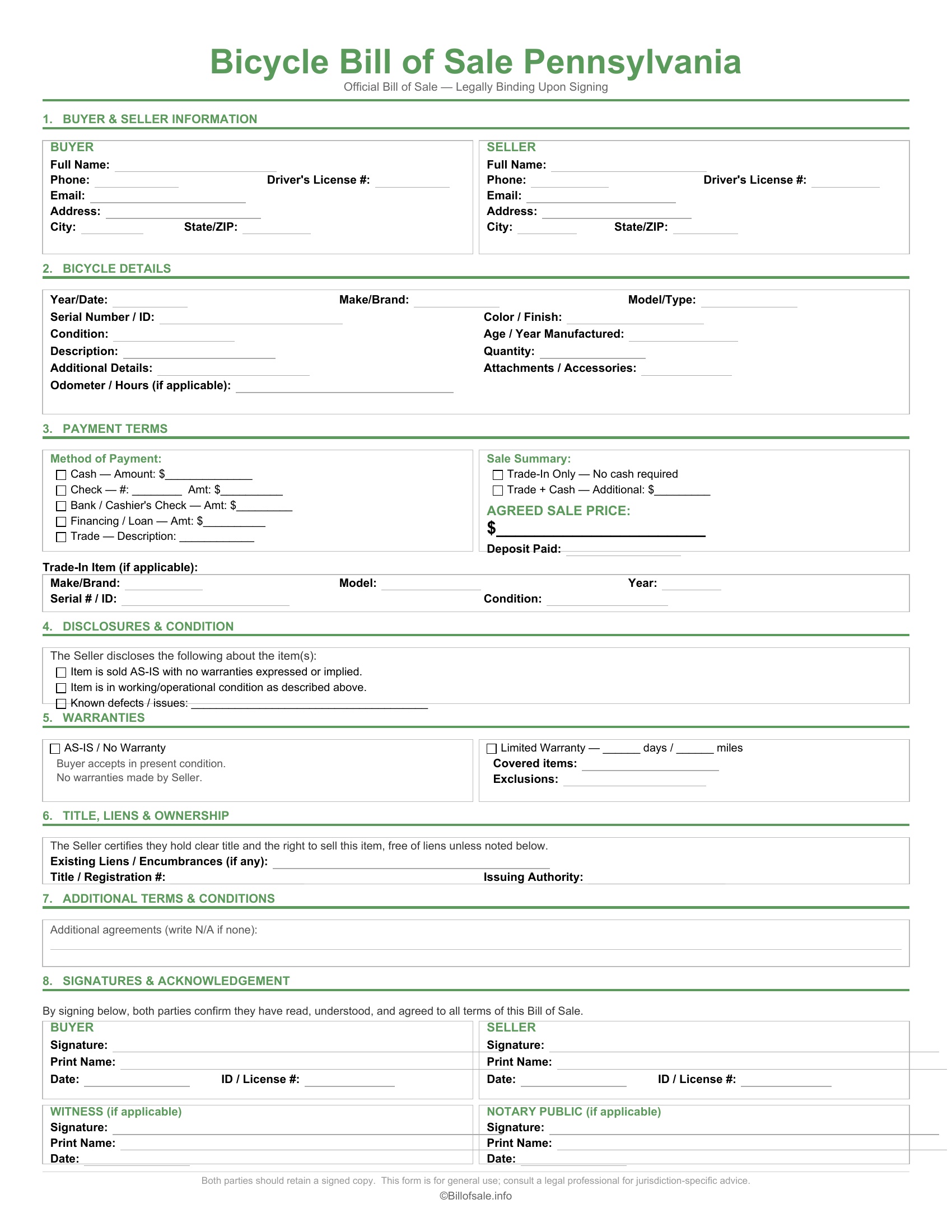 Pennsylvania Bicycle Bill of Sale