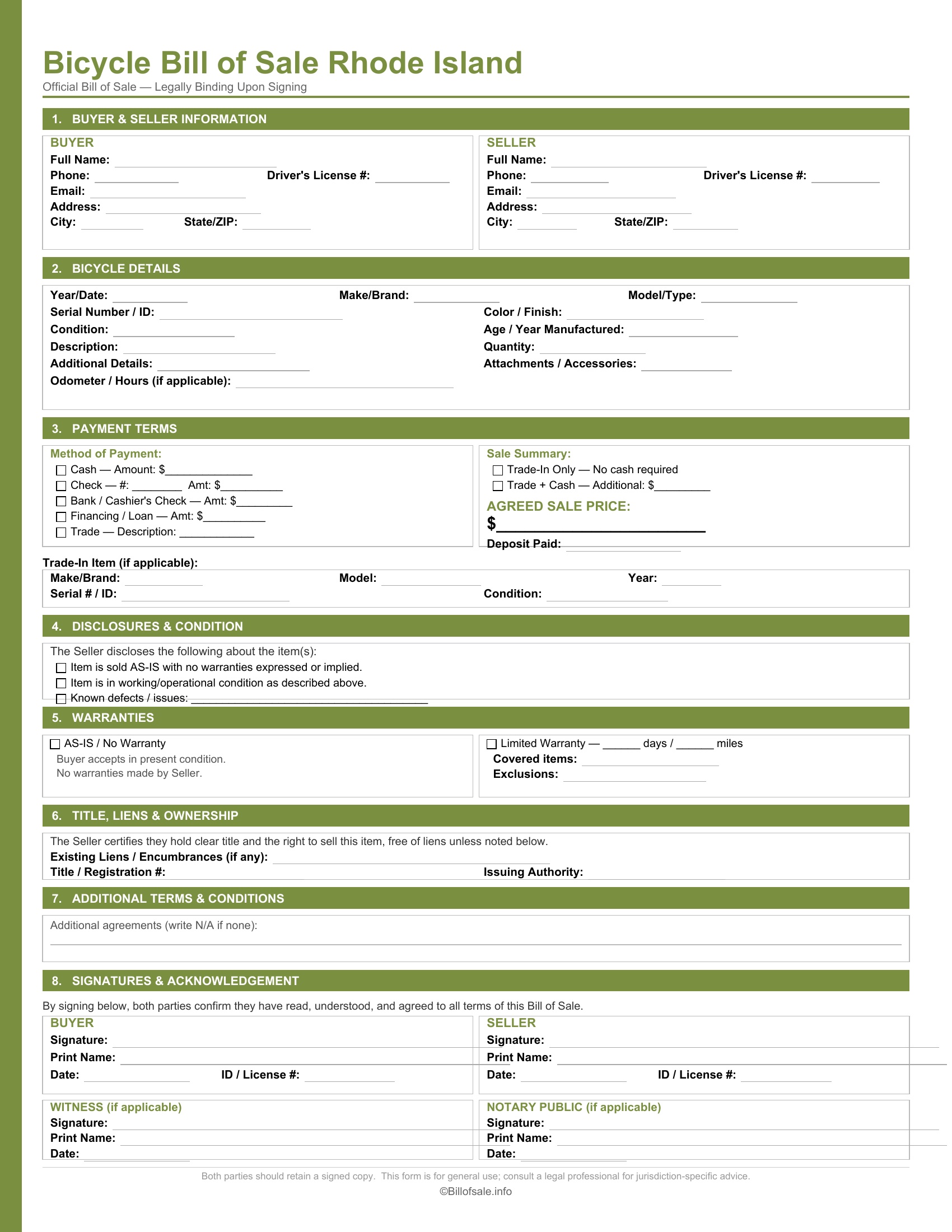 Rhode Island Bicycle Bill of Sale