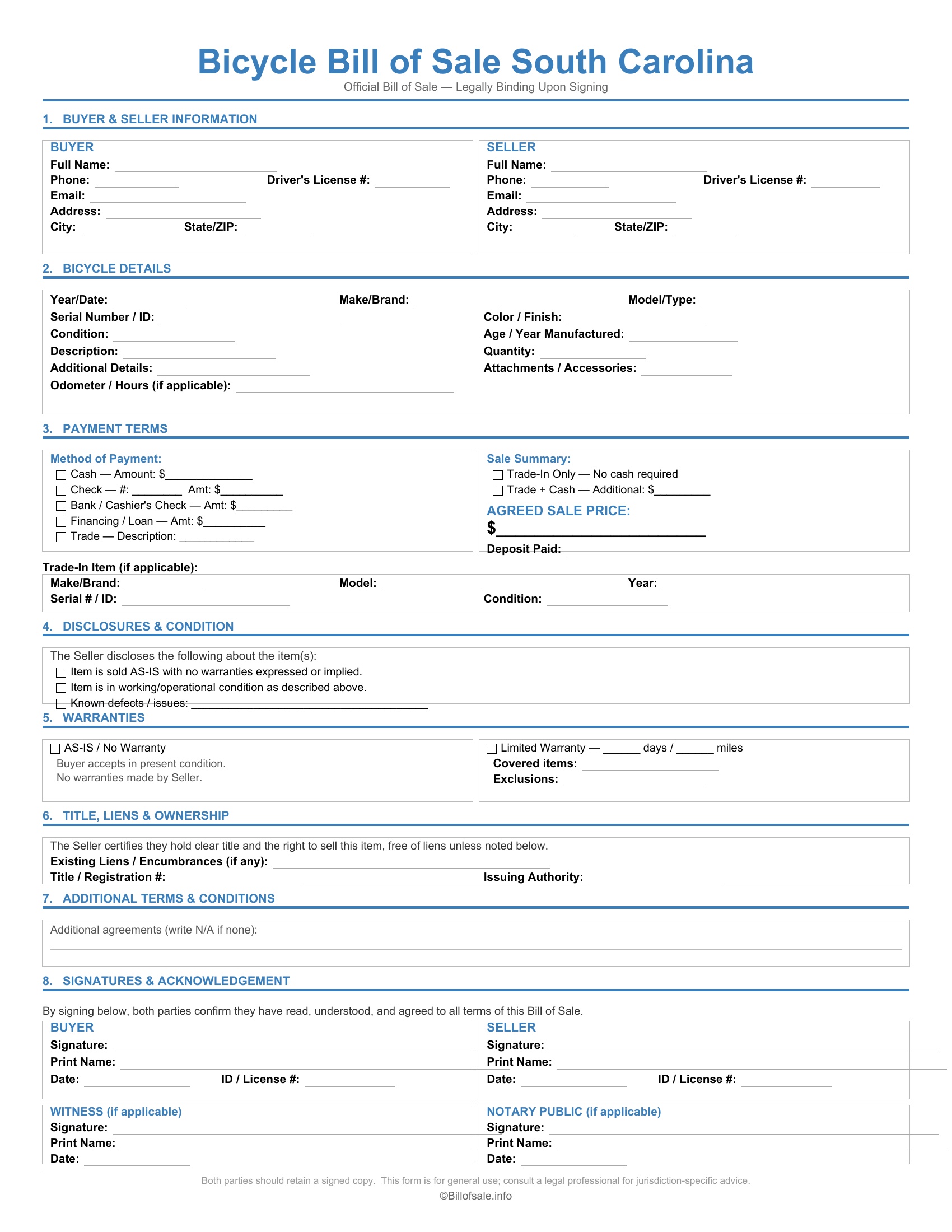 South Carolina Bicycle Bill of Sale