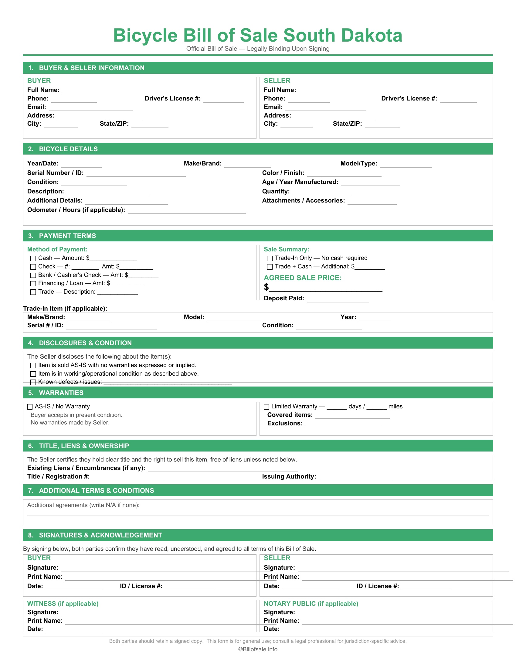 South Dakota Bicycle Bill of Sale