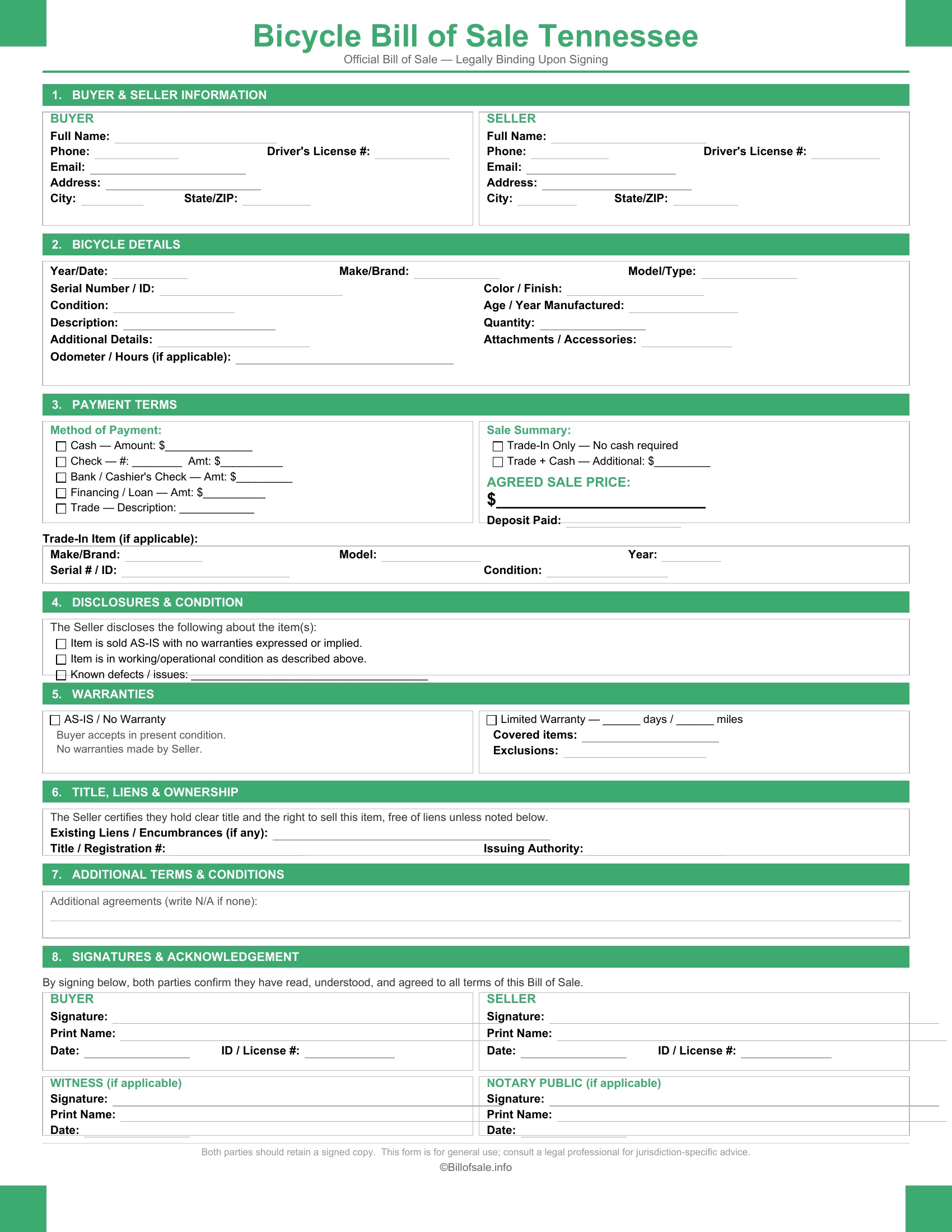 Tennessee Bicycle Bill of Sale