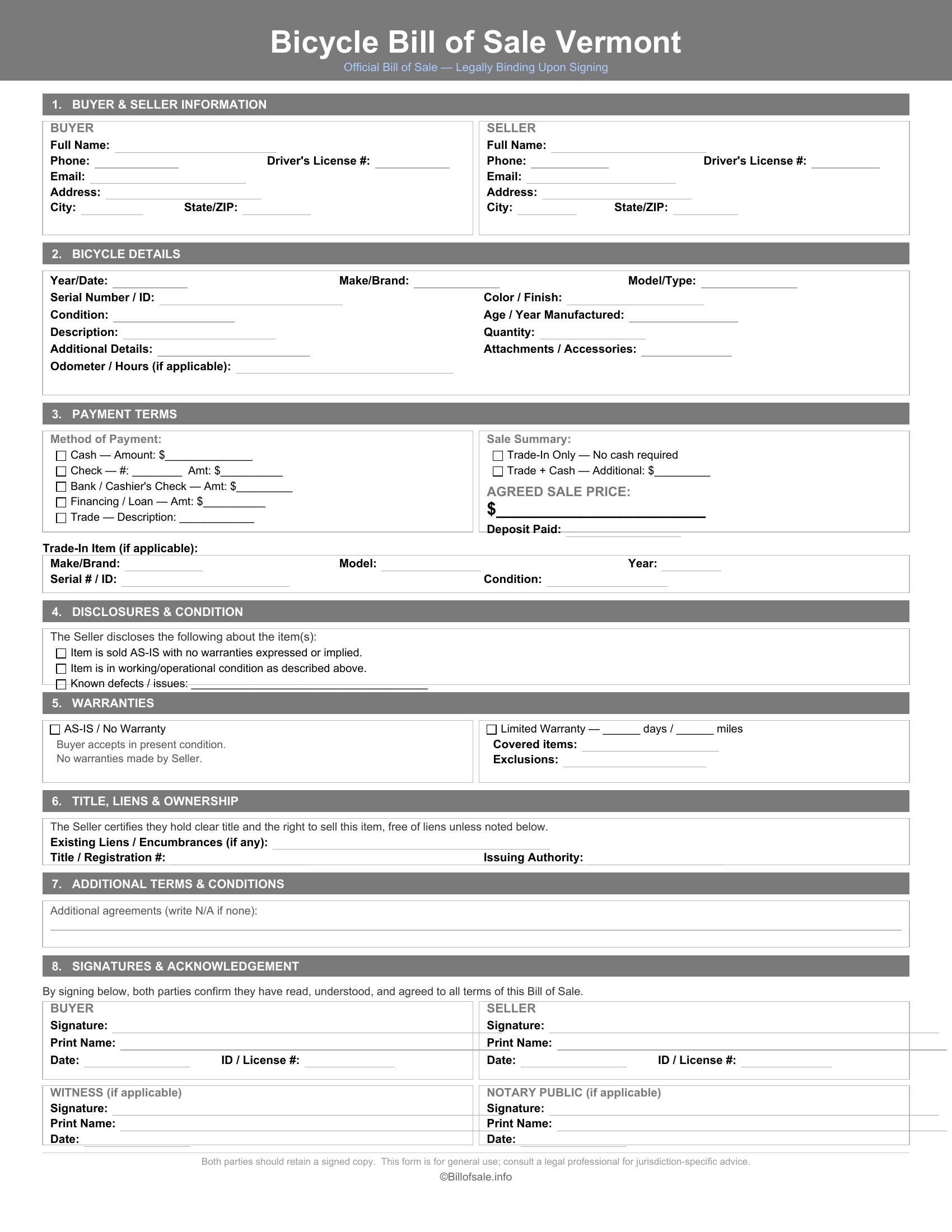 Vermont Bicycle Bill of Sale