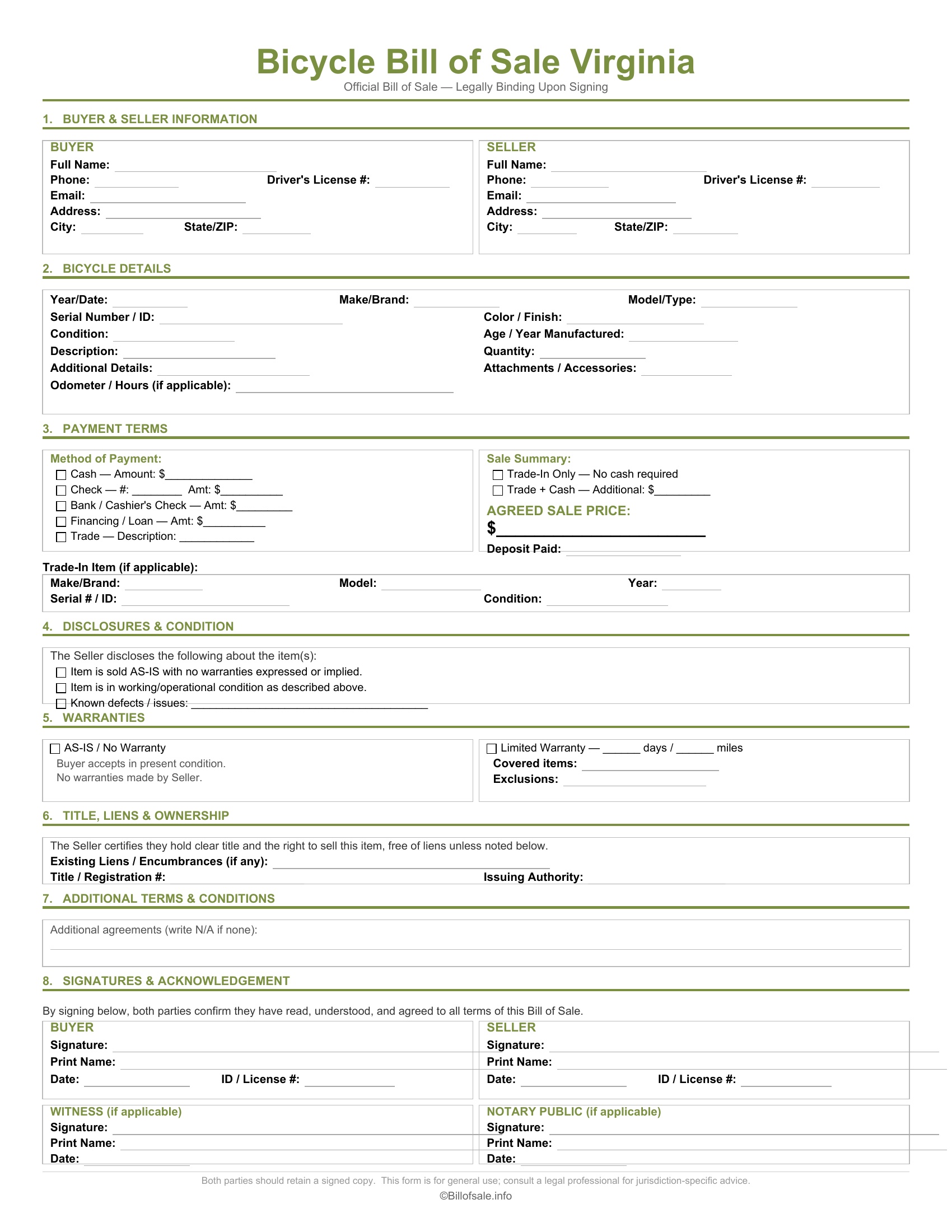 Virginia Bicycle Bill of Sale