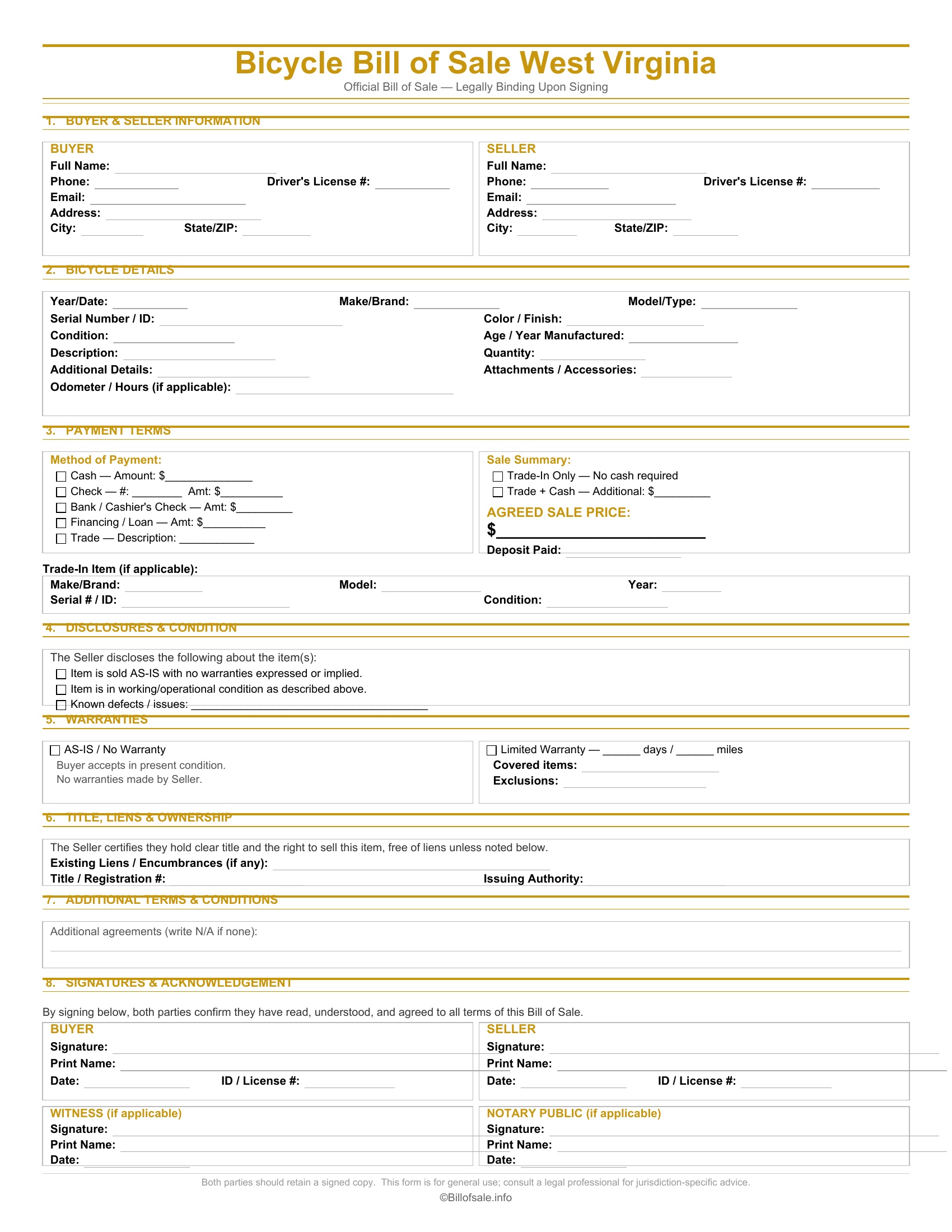 West Virginia Bicycle Bill of Sale