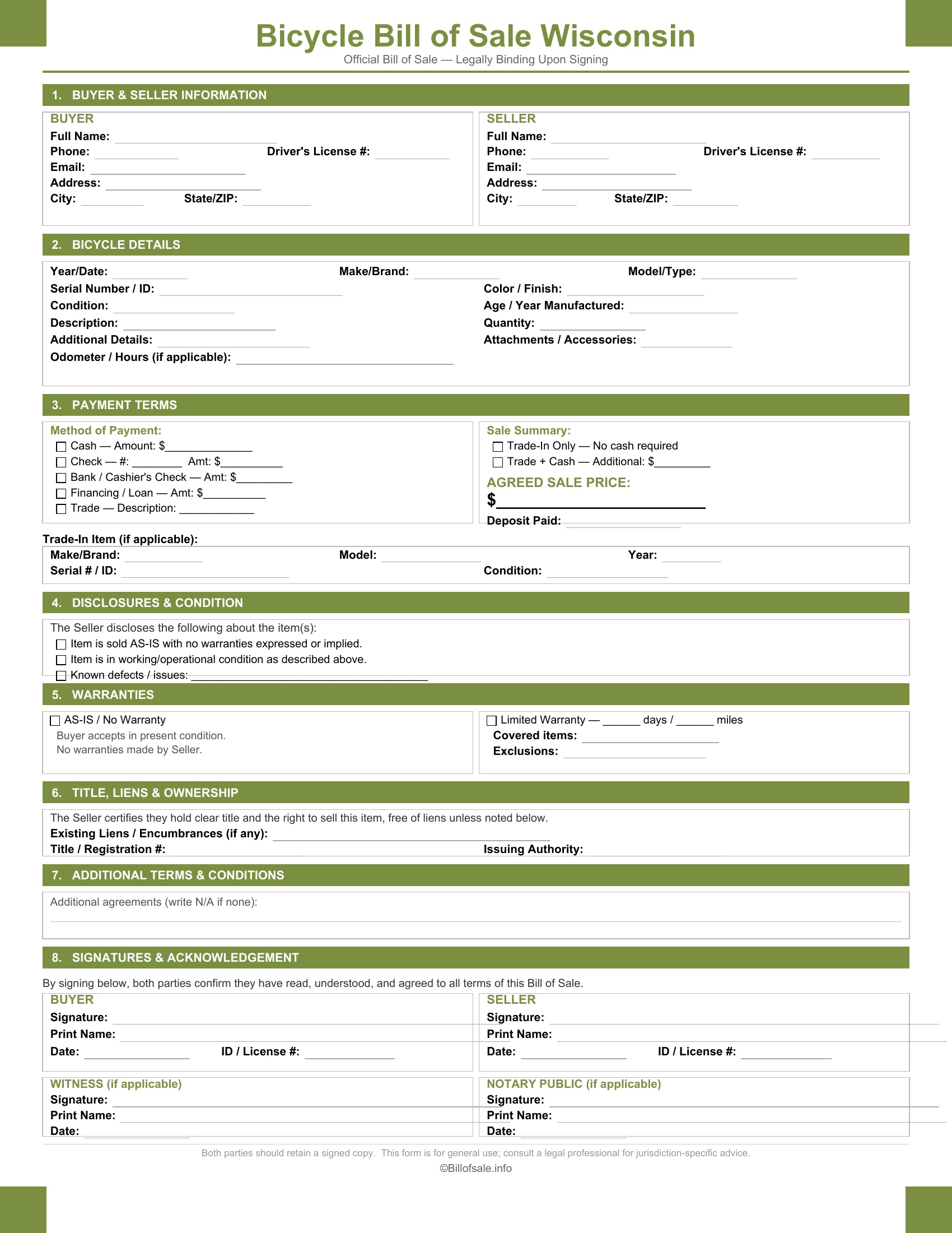 Wisconsin Bicycle Bill of Sale
