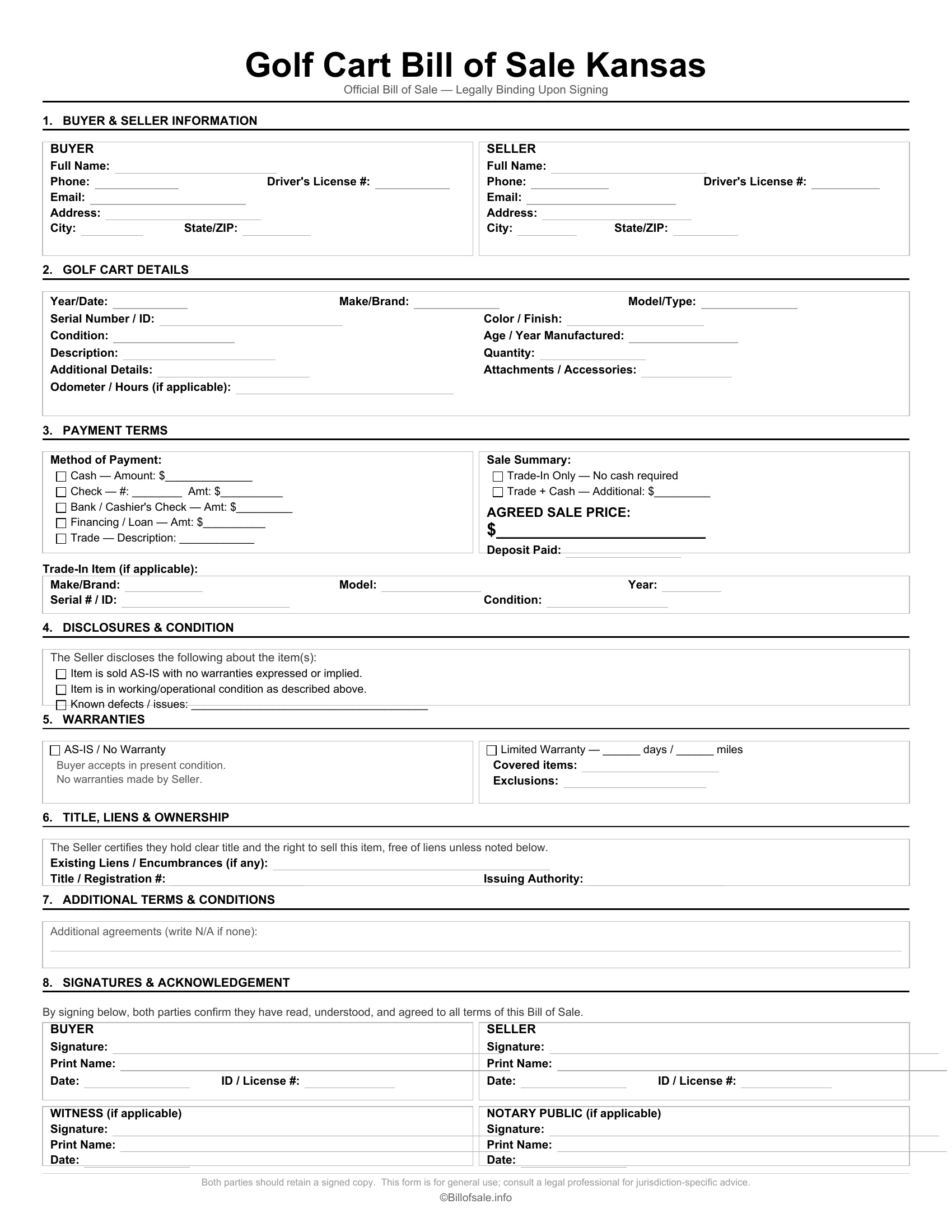 Kansas Golf Cart Bill of Sale