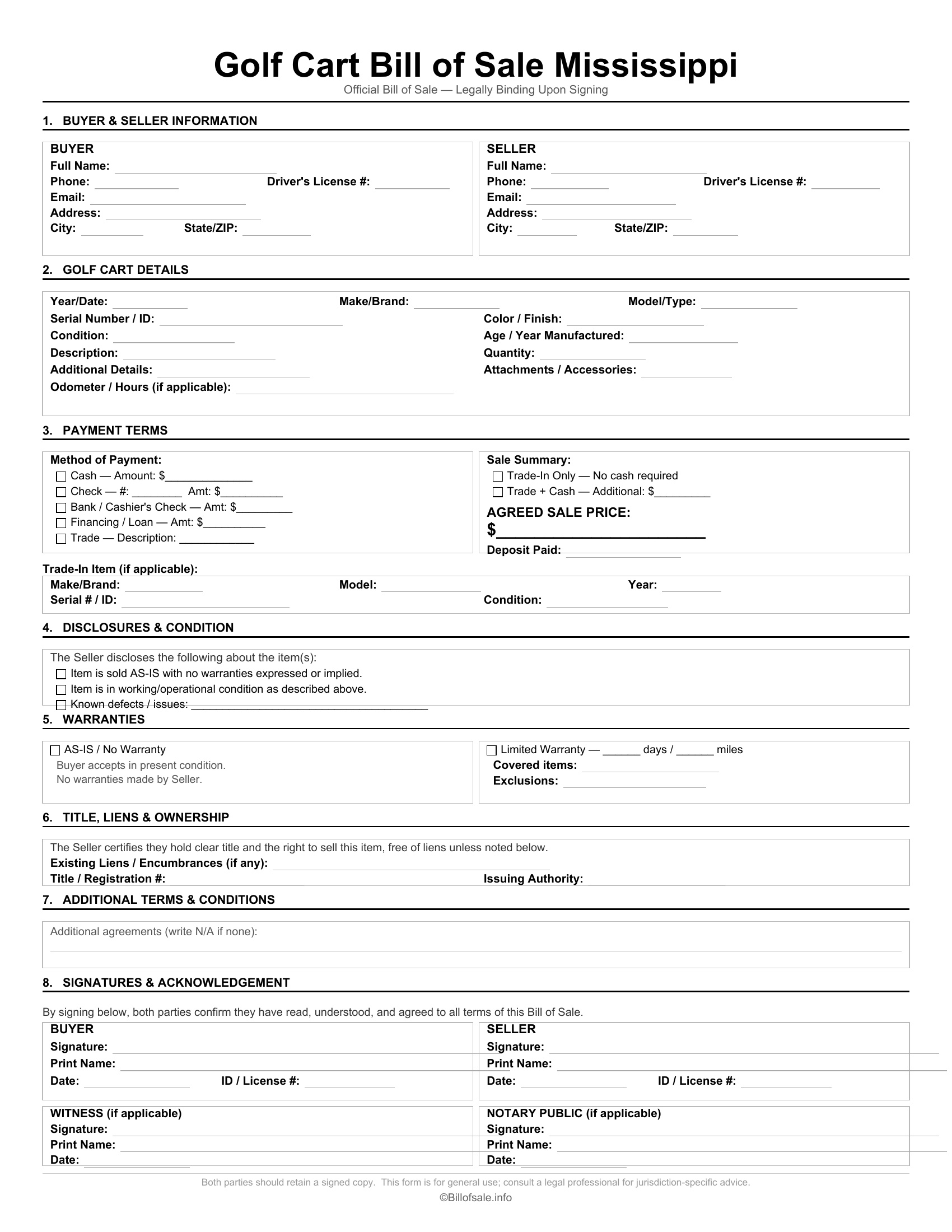 Mississippi Golf Cart Bill of Sale