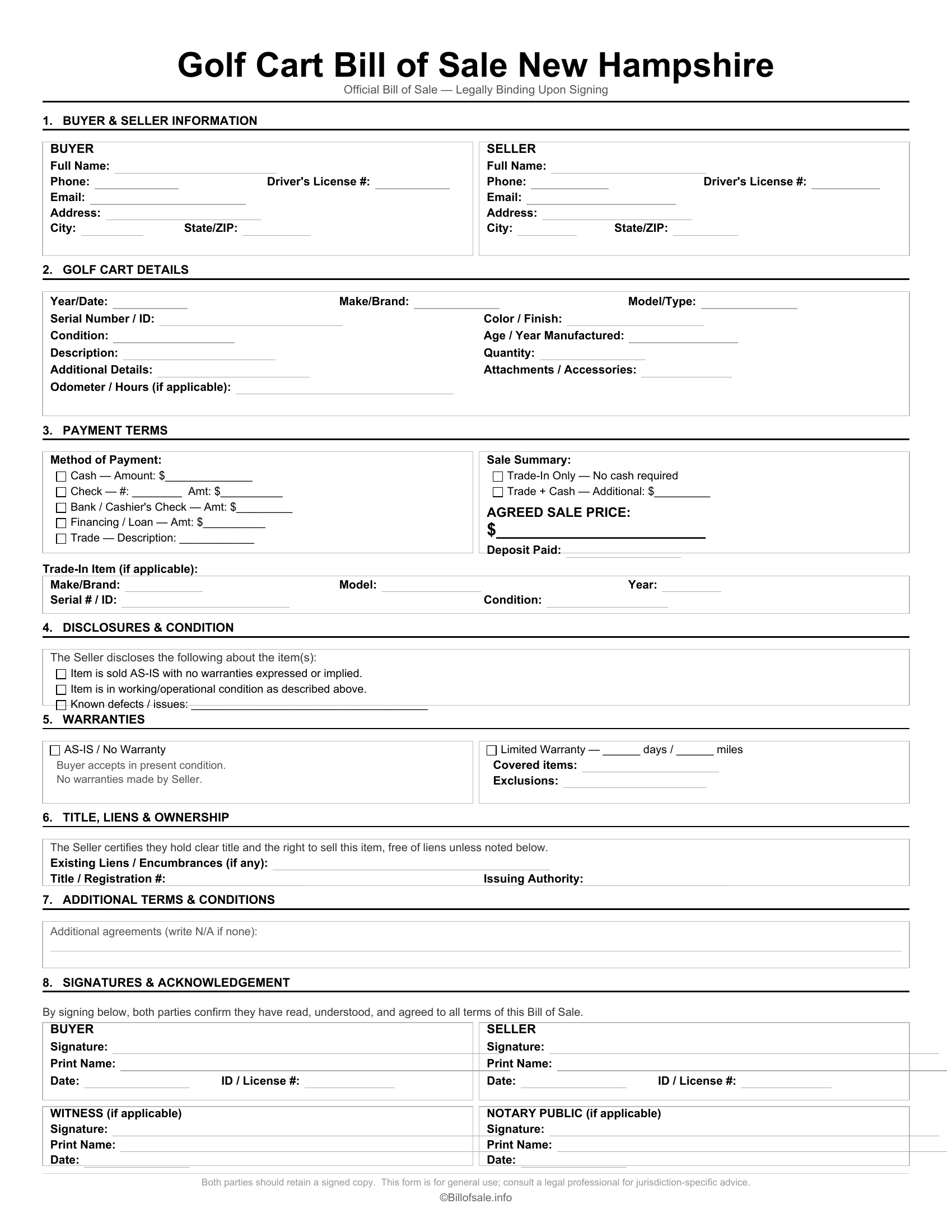 New Hampshire Golf Cart Bill of Sale