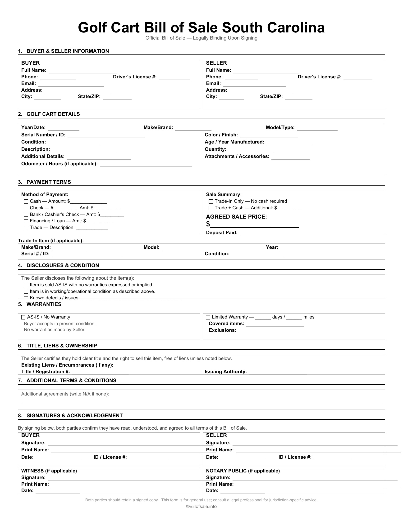 South Carolina Golf Cart Bill of Sale