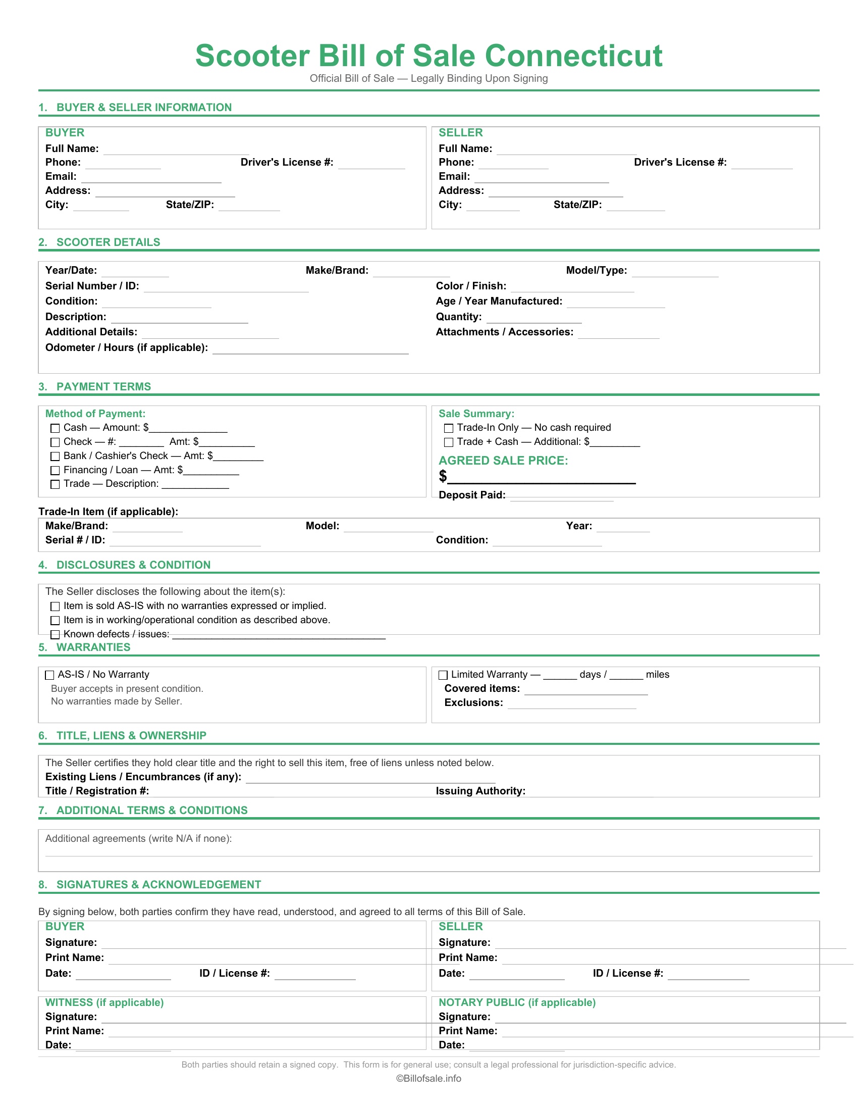 Connecticut Scooter Bill of Sale