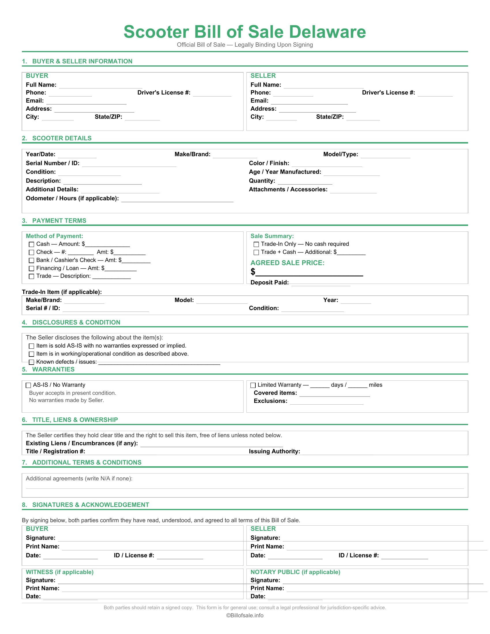 Delaware Scooter Bill of Sale