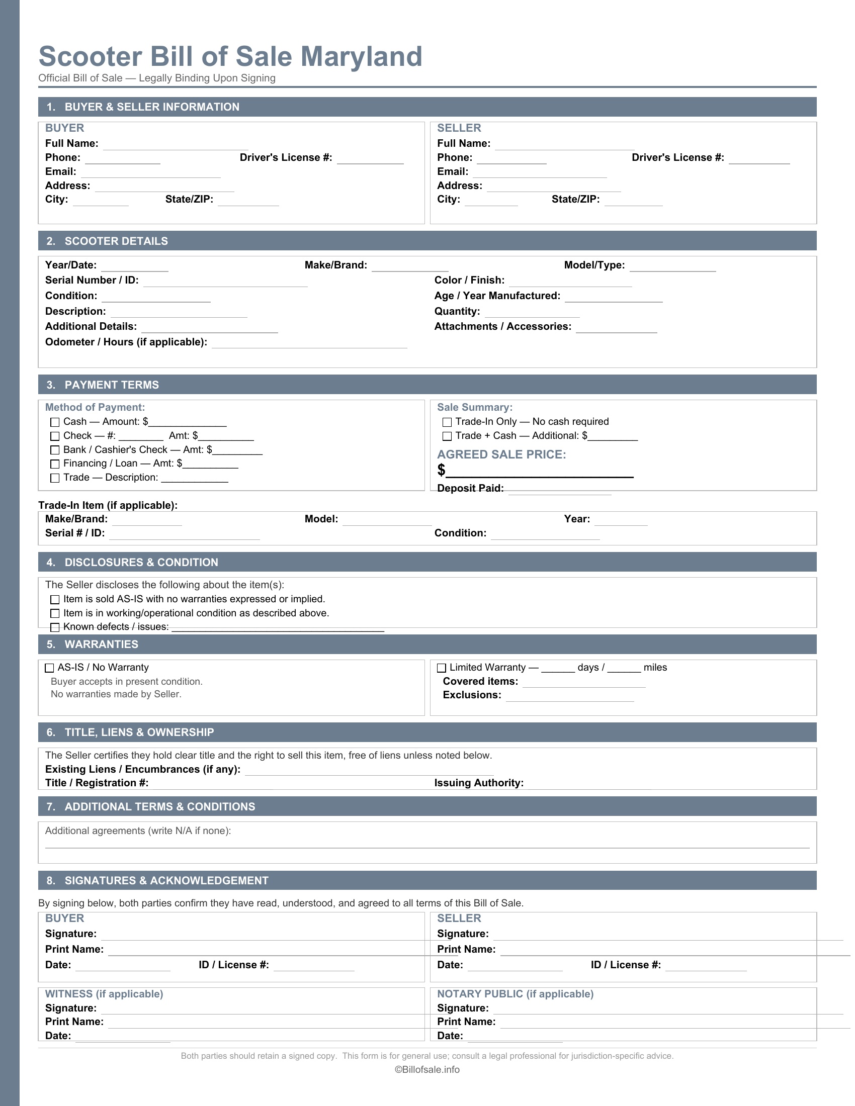 Maryland Scooter Bill of Sale