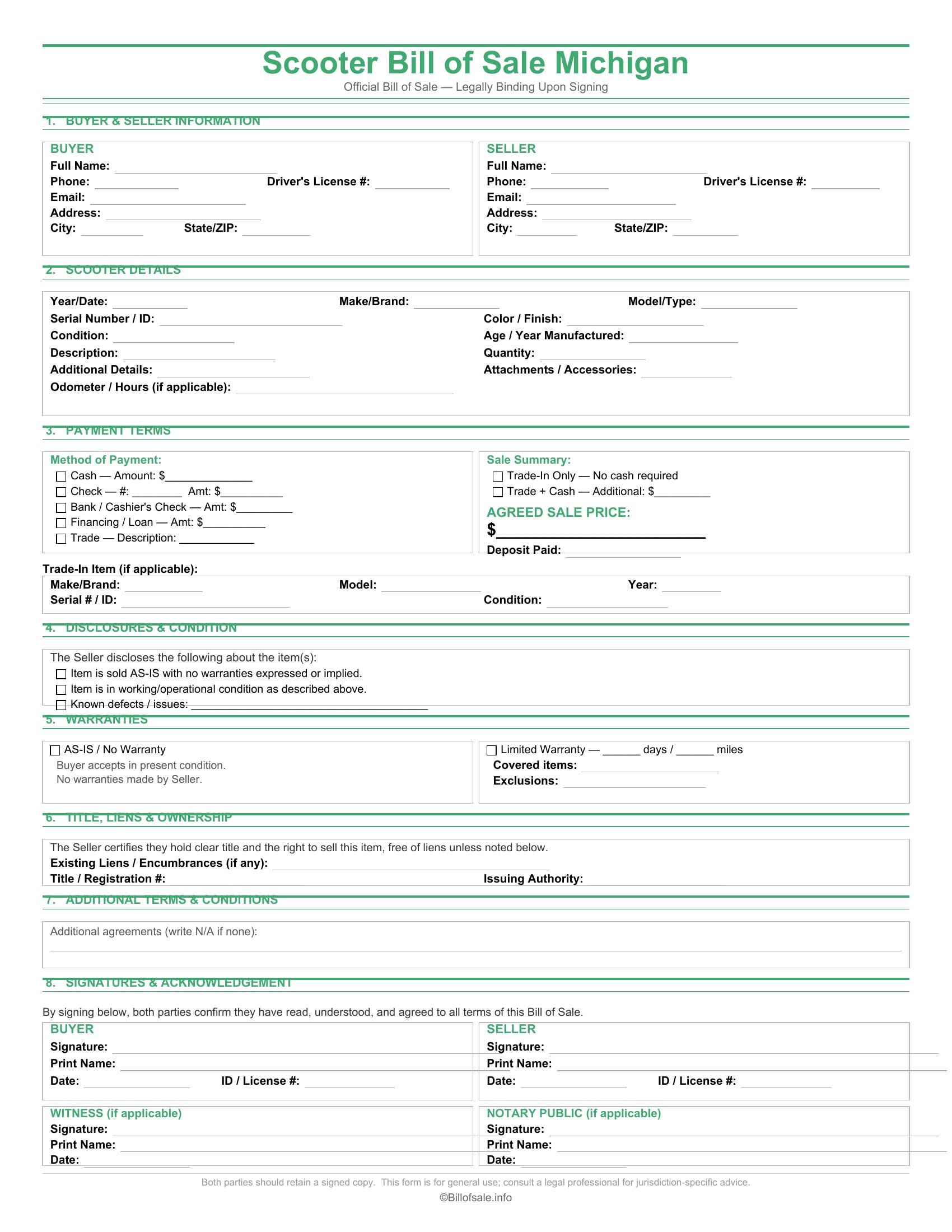 Michigan Scooter Bill of Sale