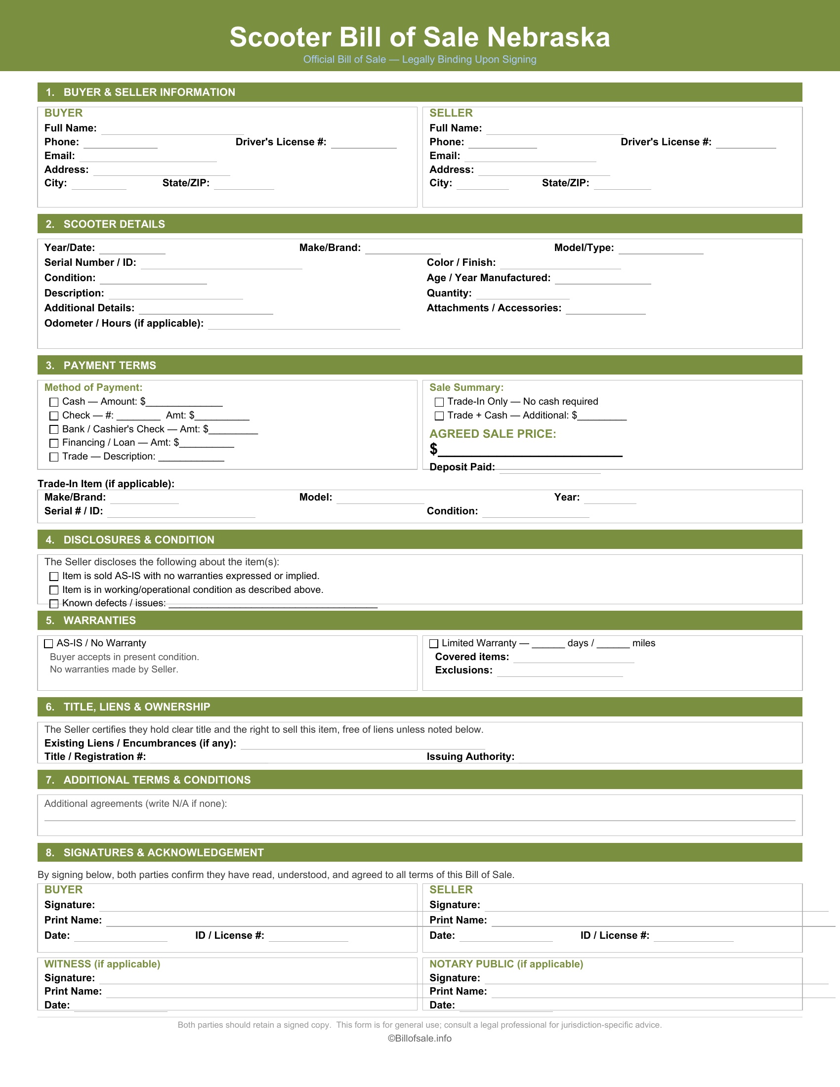 Nebraska Scooter Bill of Sale