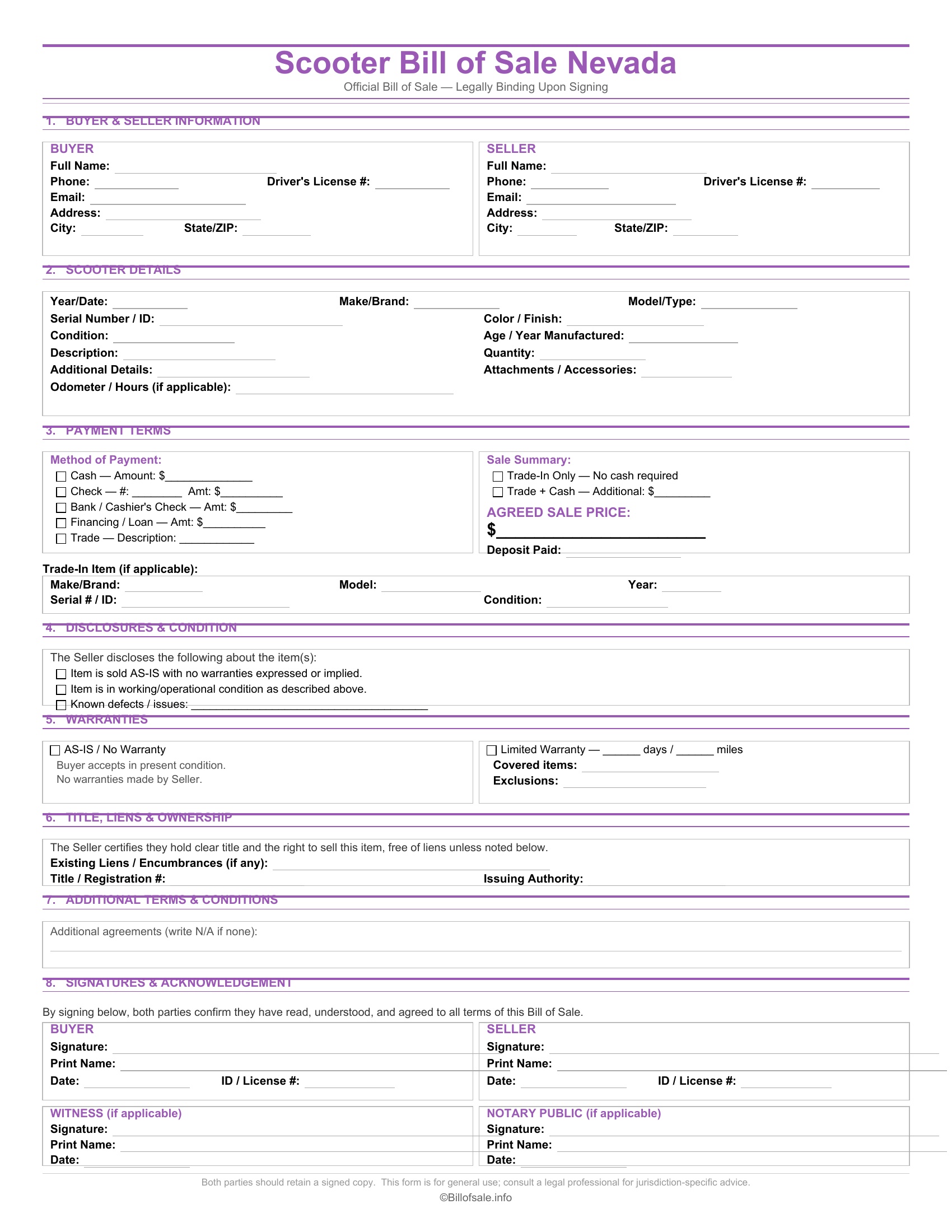 Nevada Scooter Bill of Sale