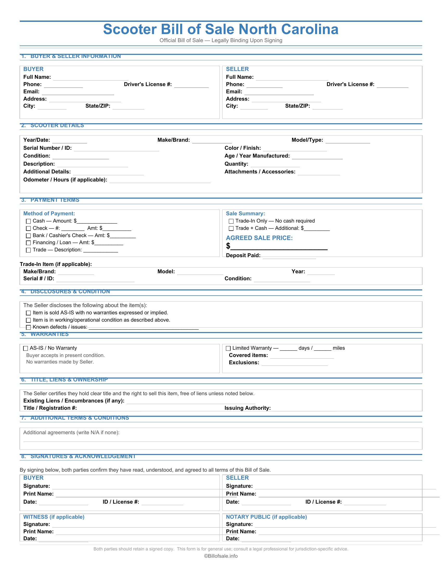 North Carolina Scooter Bill of Sale