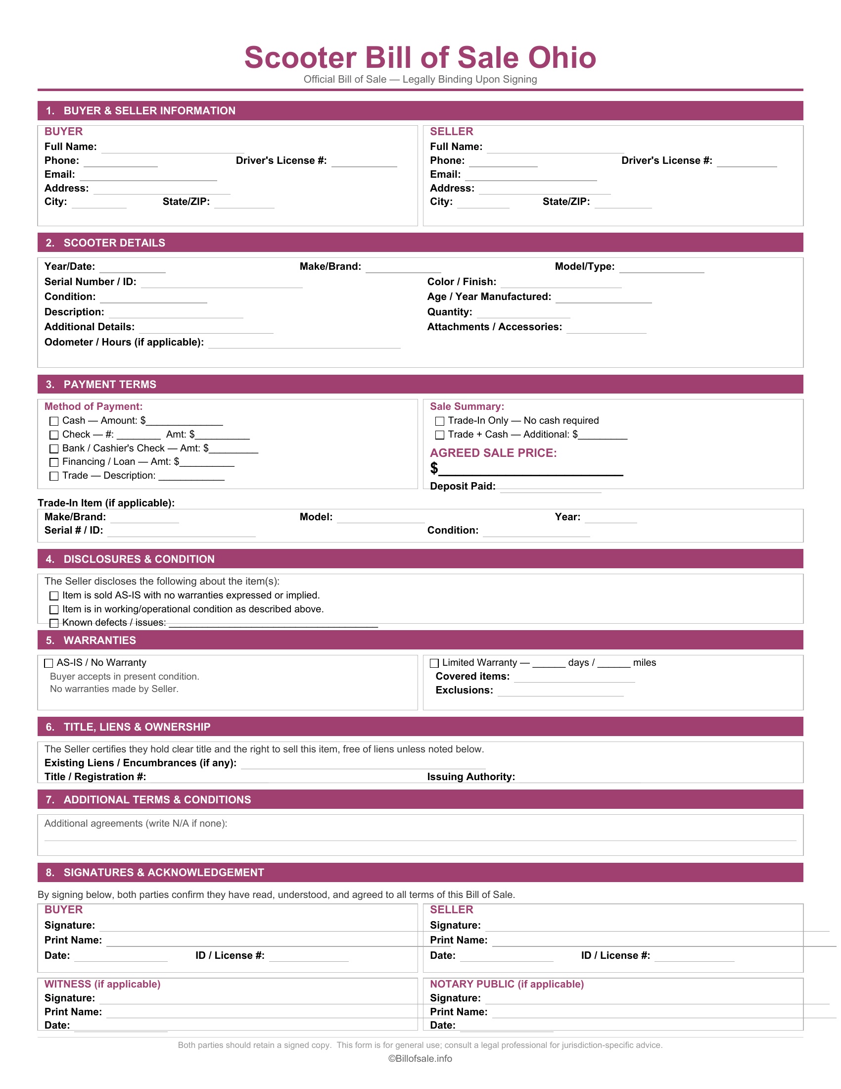 Ohio Scooter Bill of Sale