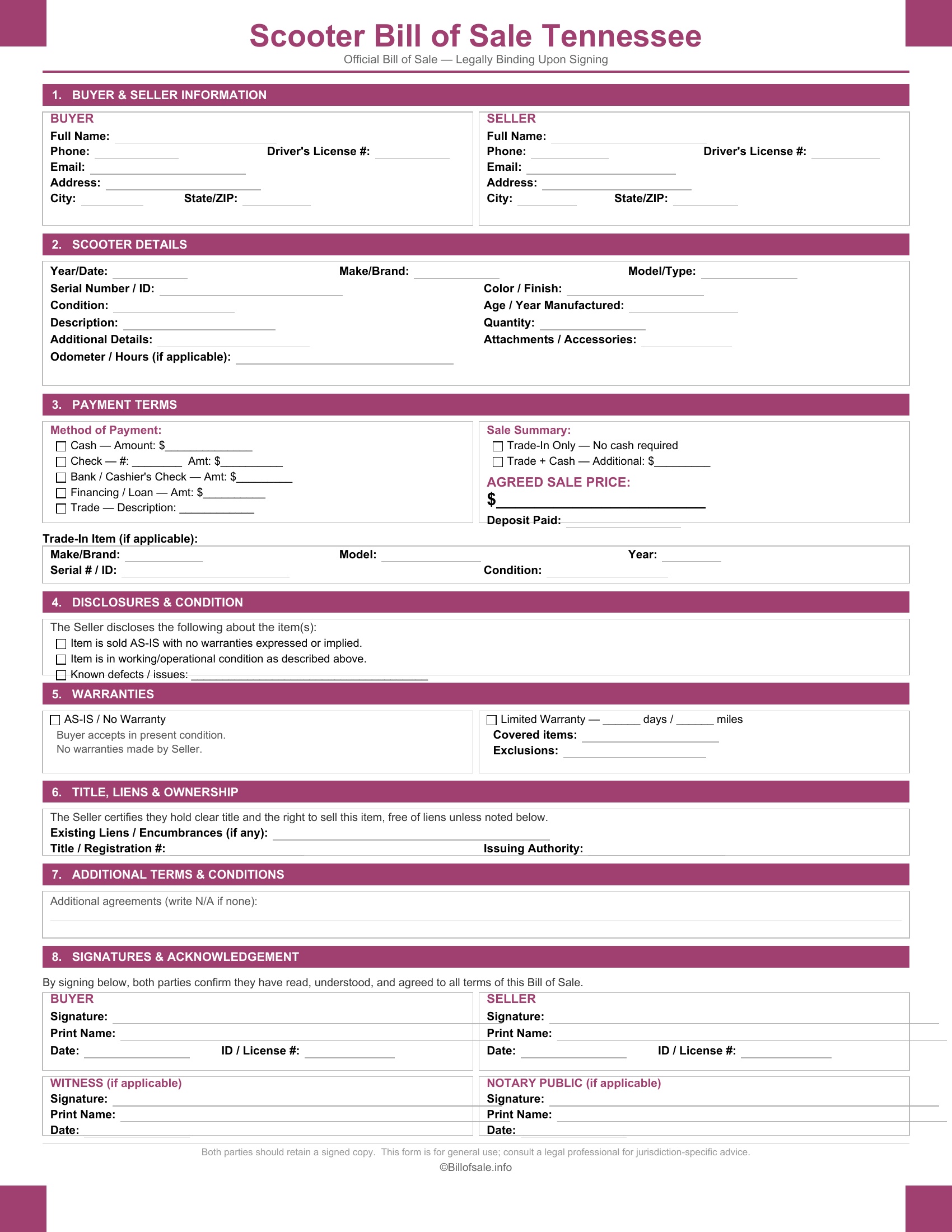 Tennessee Scooter Bill of Sale