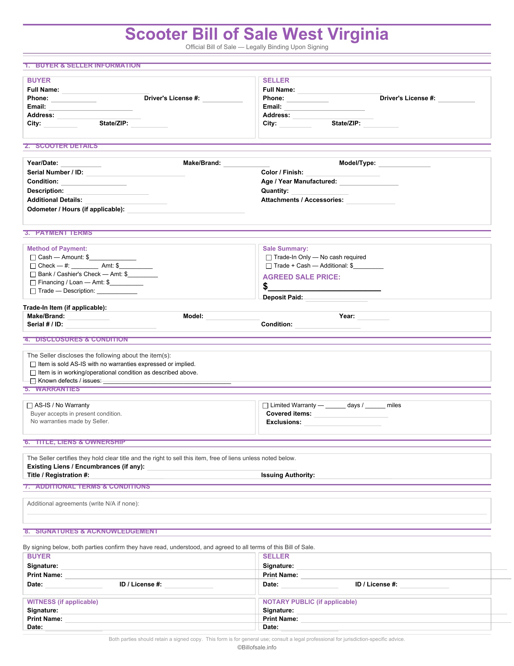 West Virginia Scooter Bill of Sale
