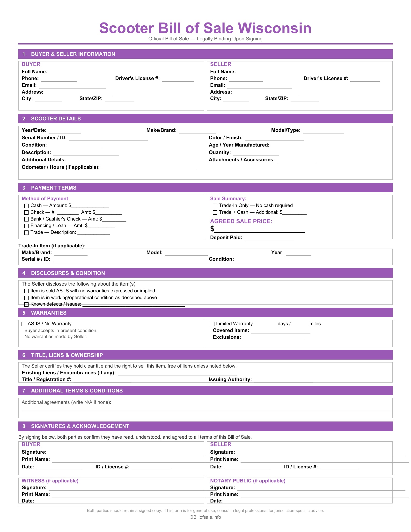 Wisconsin Scooter Bill of Sale