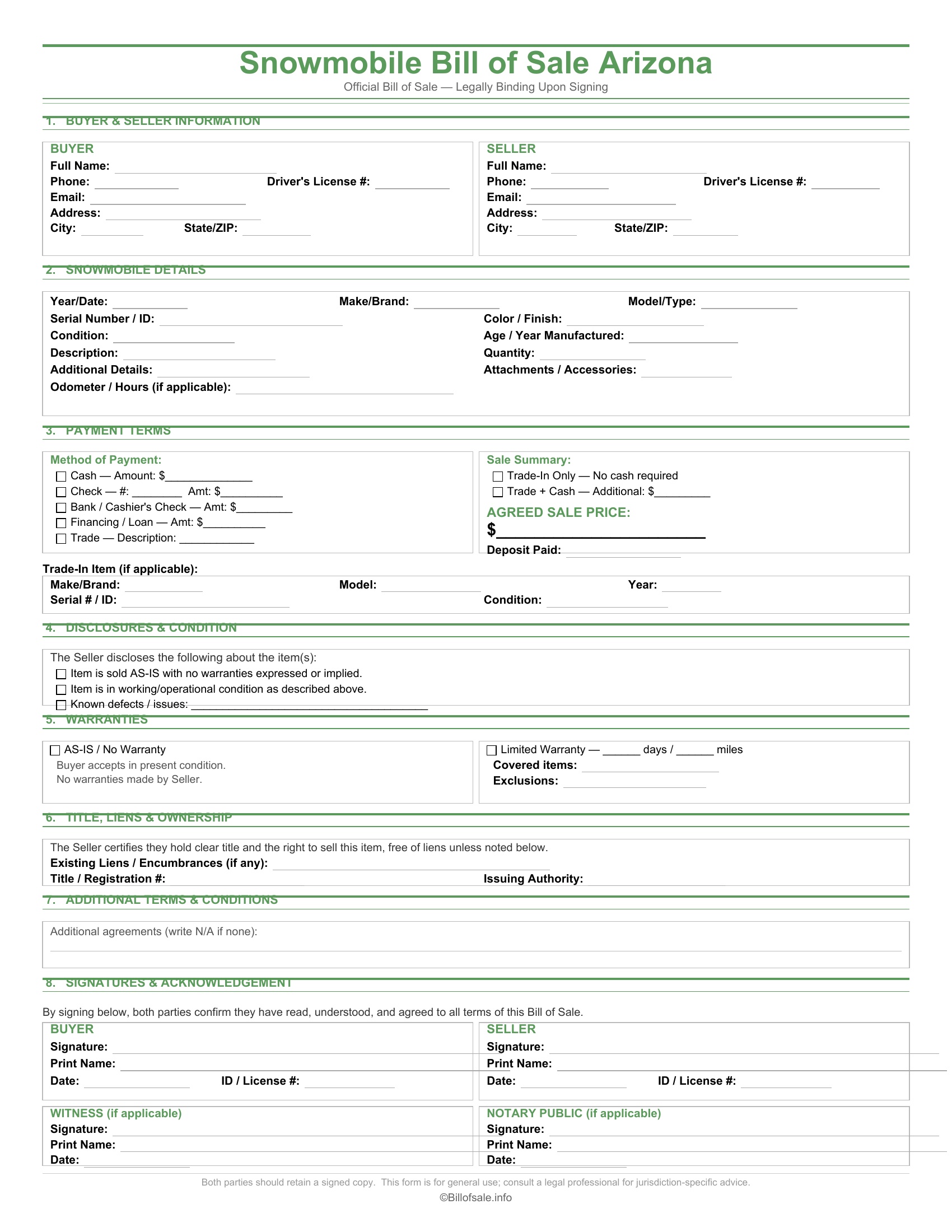 Arizona Snowmobile Bill of Sale