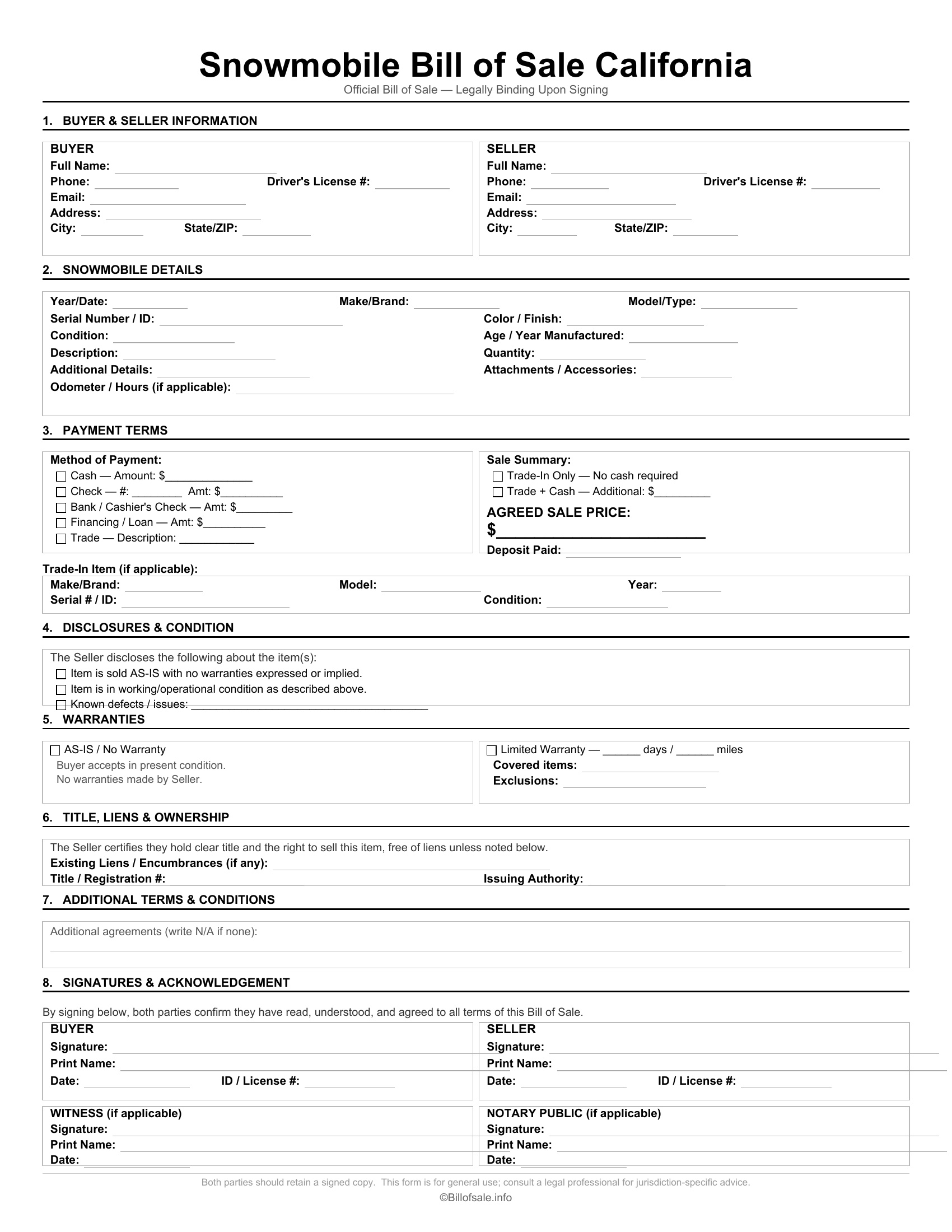 California Snowmobile Bill of Sale