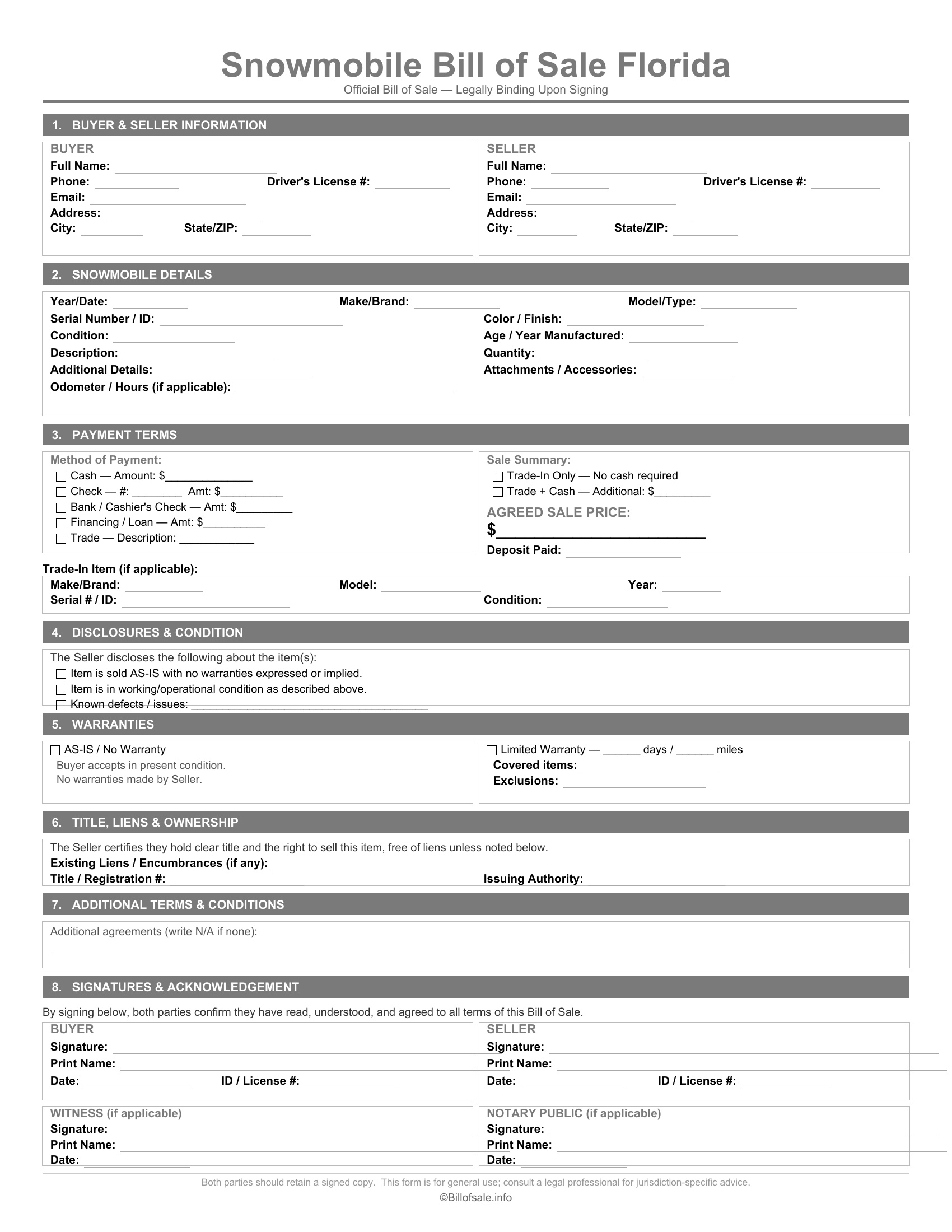 Florida Snowmobile Bill of Sale