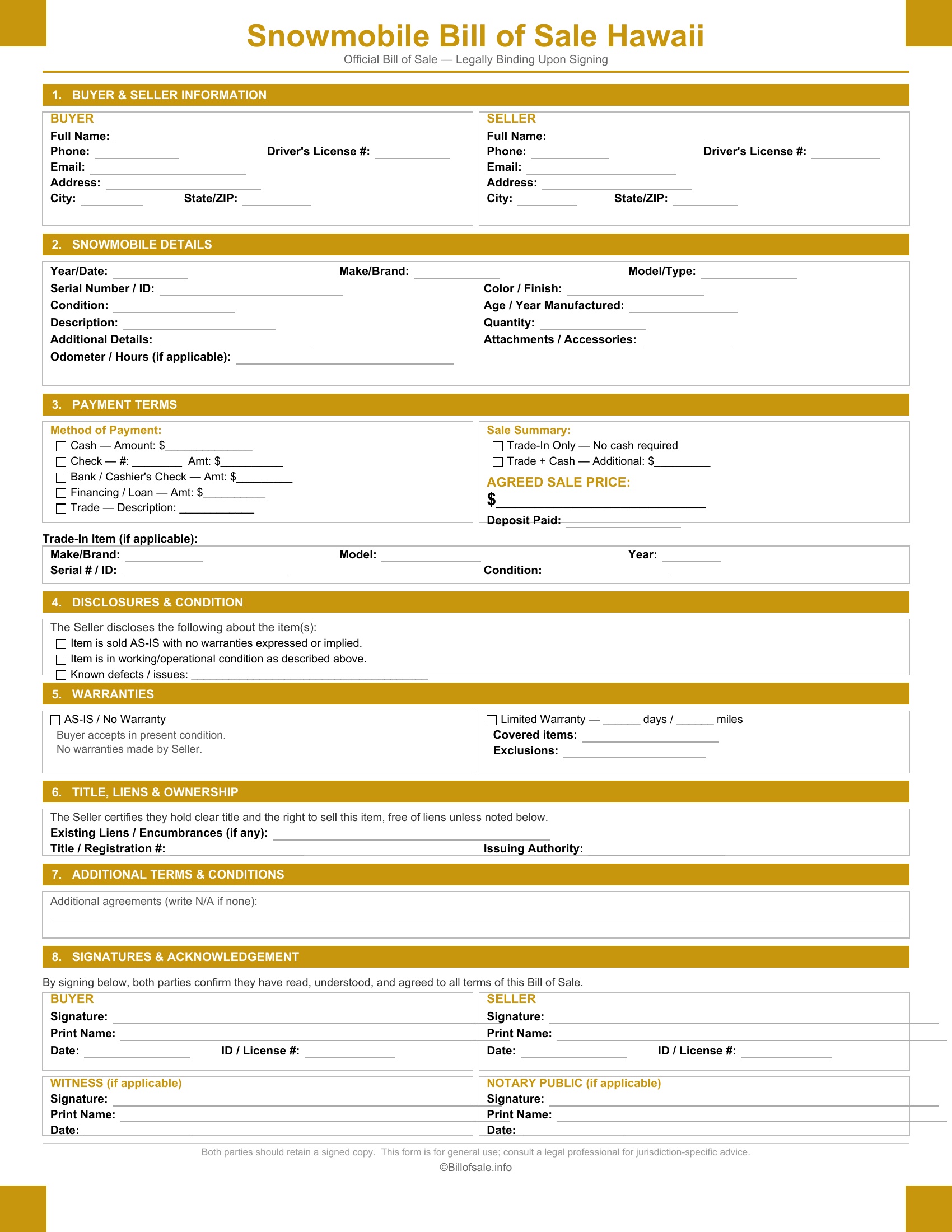 Hawaii Snowmobile Bill of Sale