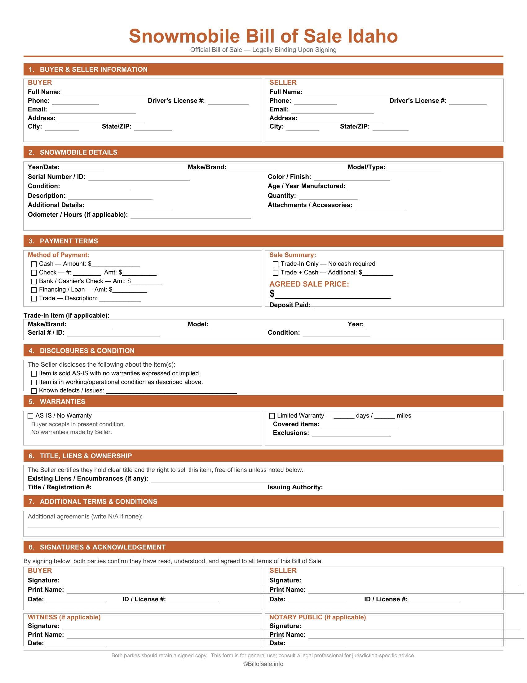 Idaho Snowmobile Bill of Sale