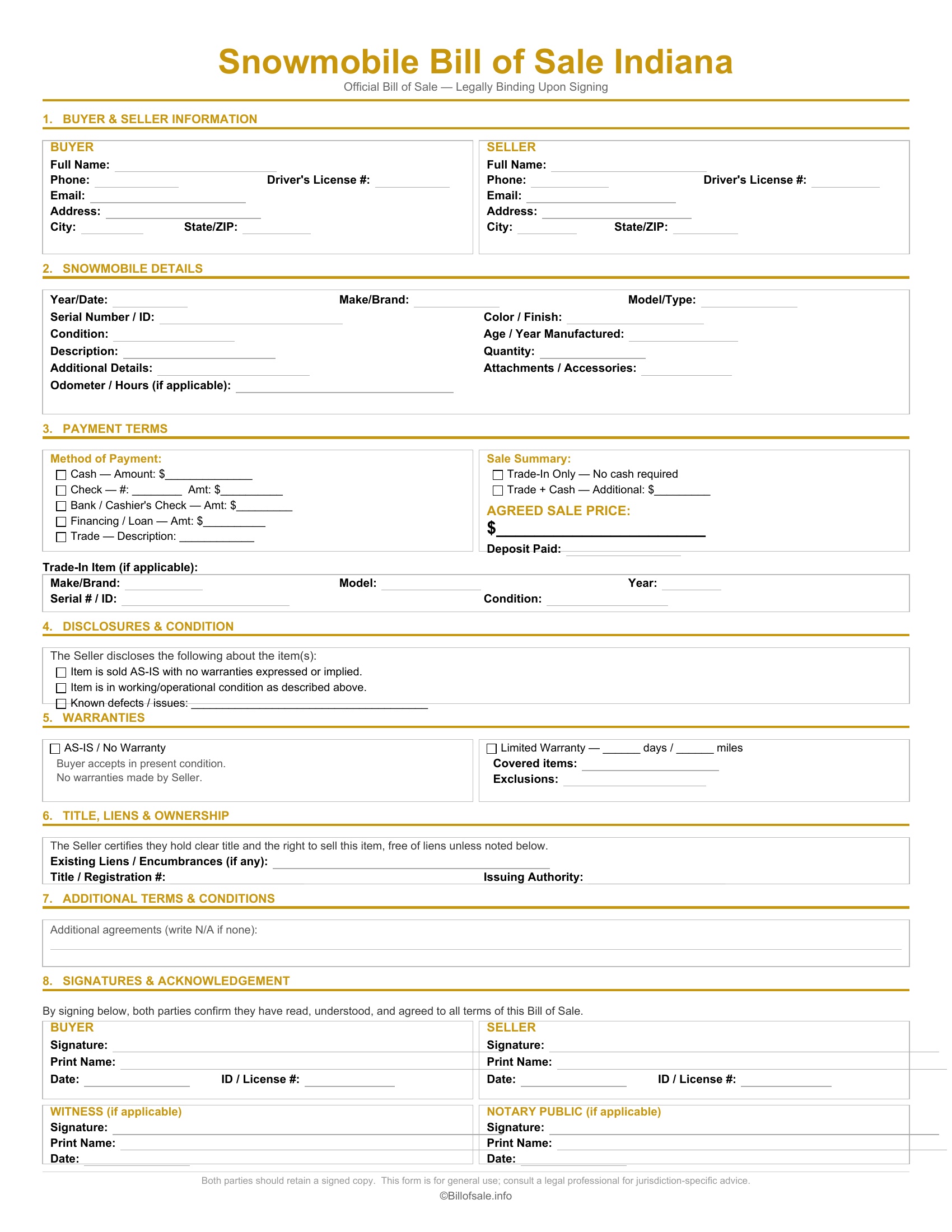 Indiana Snowmobile Bill of Sale
