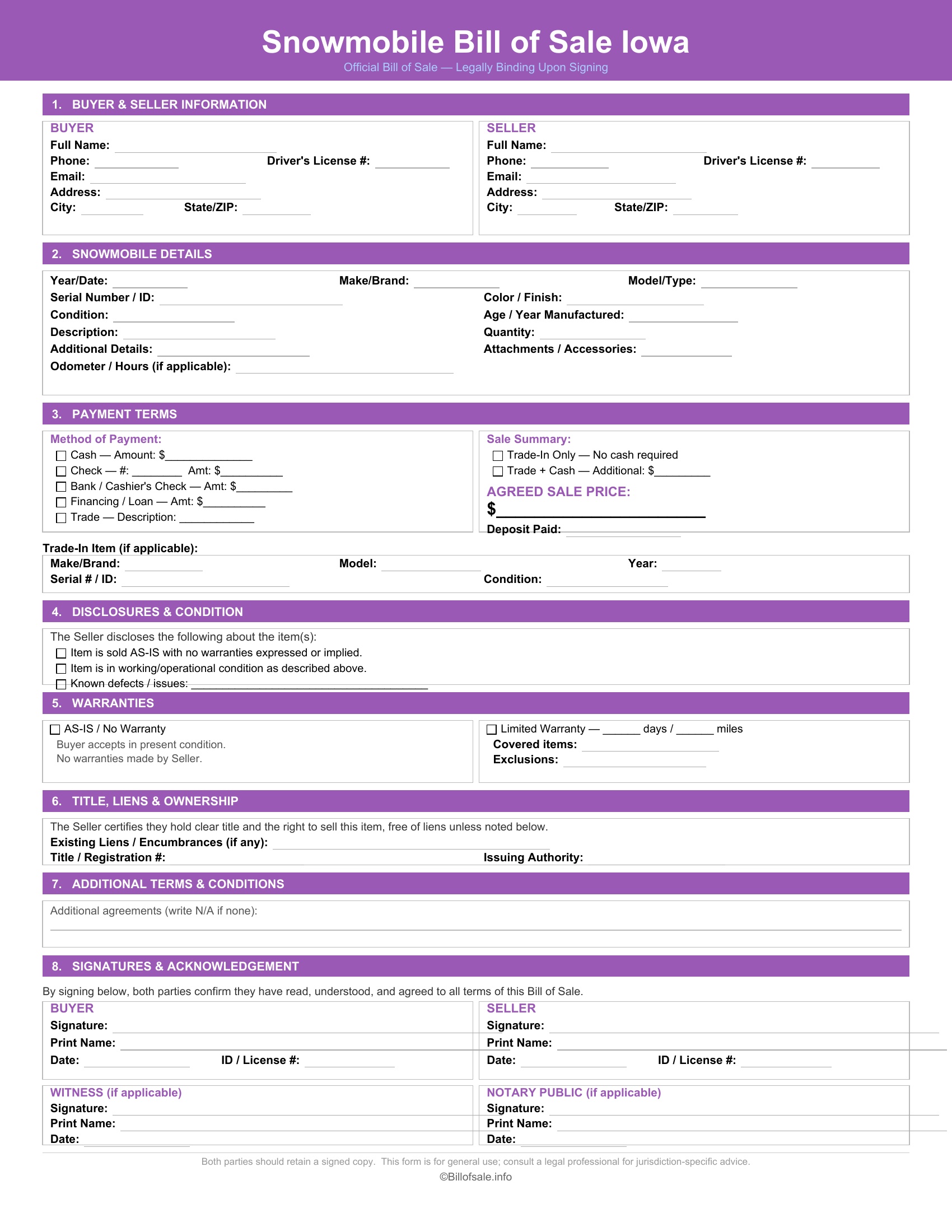 Iowa Snowmobile Bill of Sale