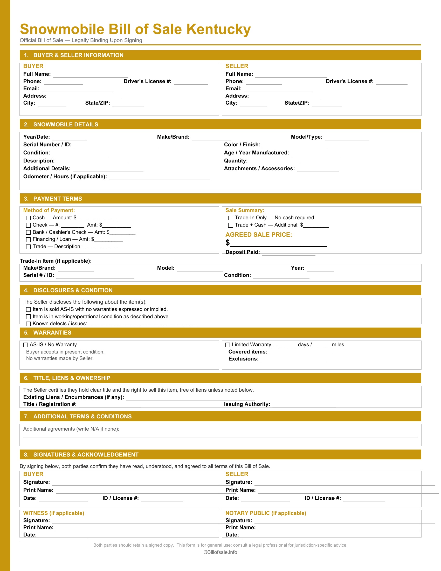 Kentucky Snowmobile Bill of Sale