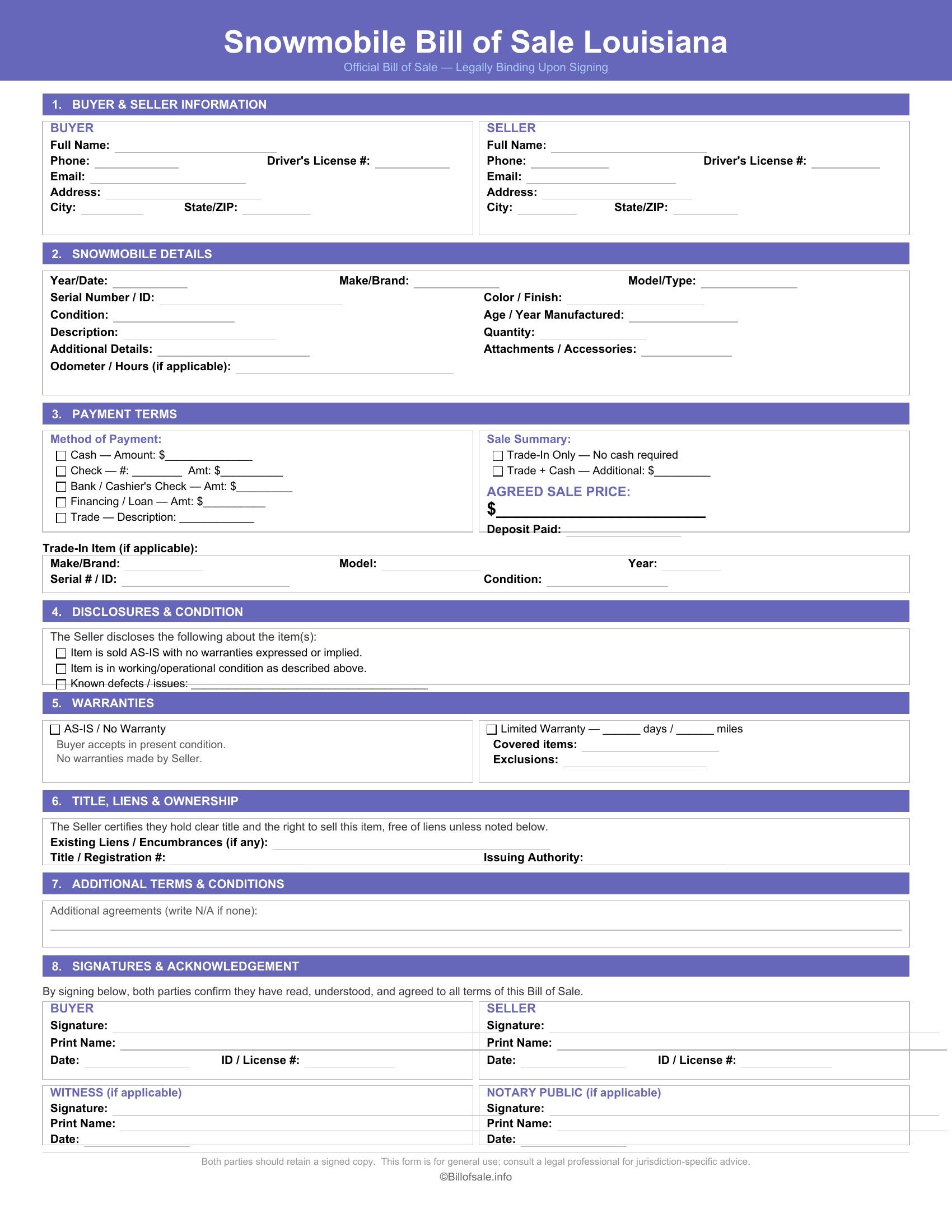 Louisiana Snowmobile Bill of Sale