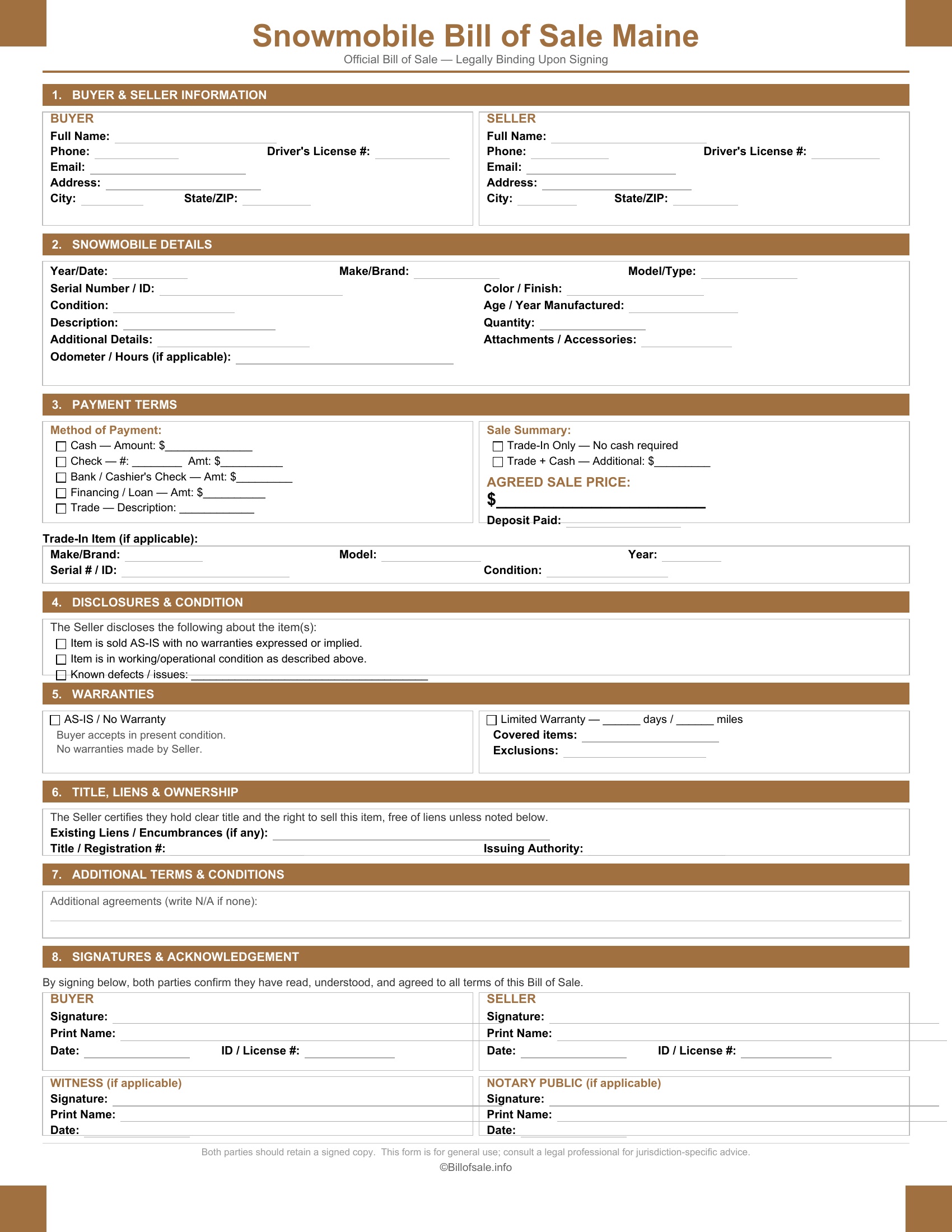 Maine Snowmobile Bill of Sale