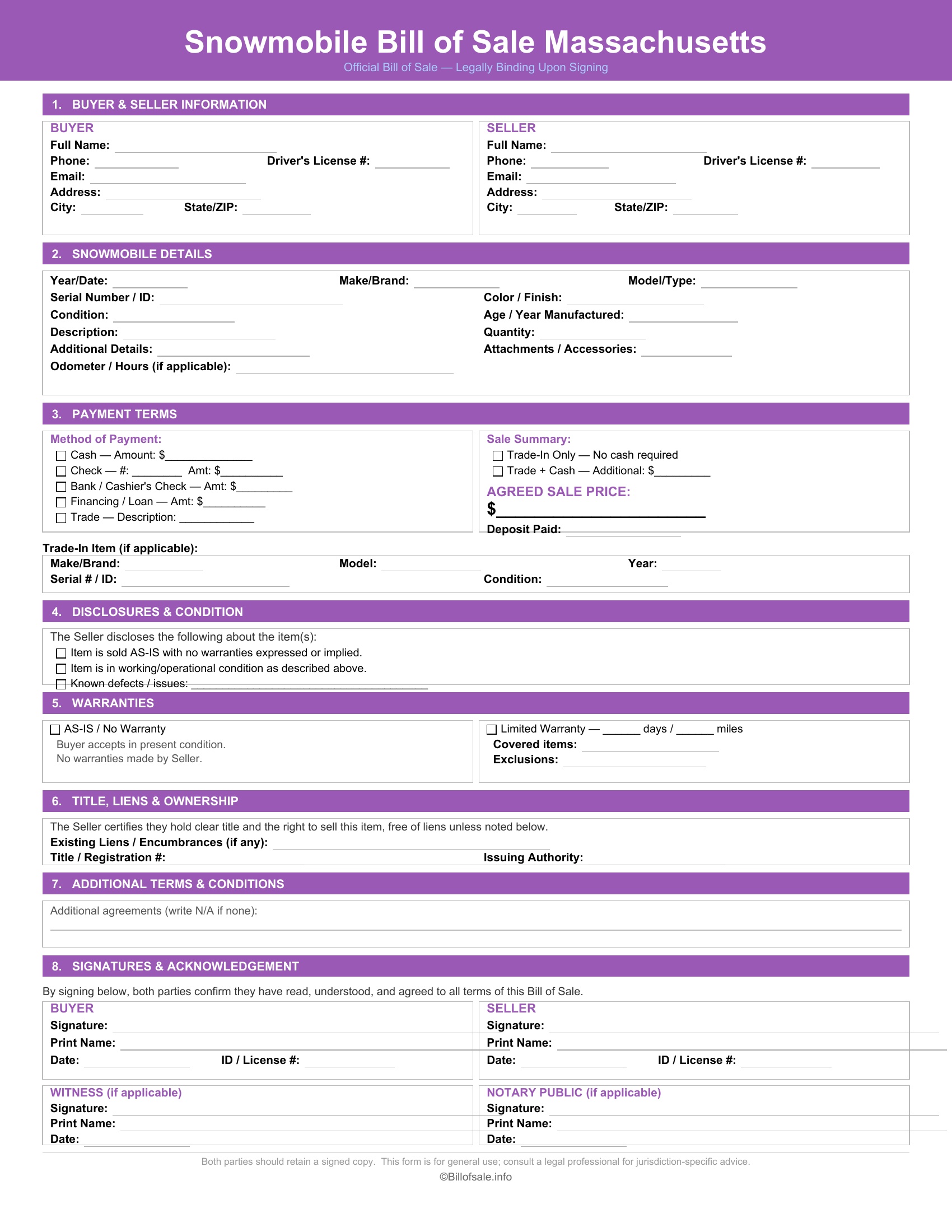 Massachusetts Snowmobile Bill of Sale