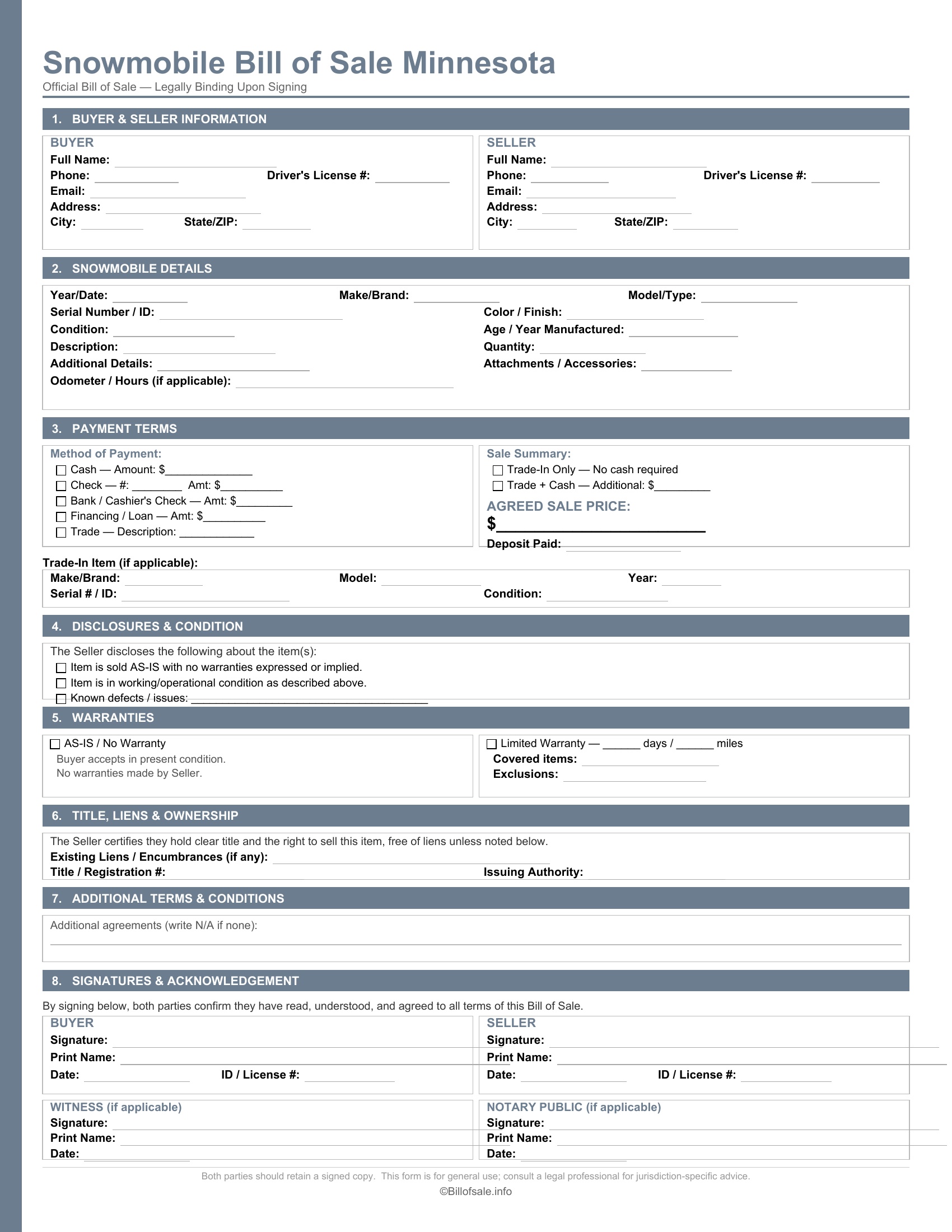 Minnesota Snowmobile Bill of Sale