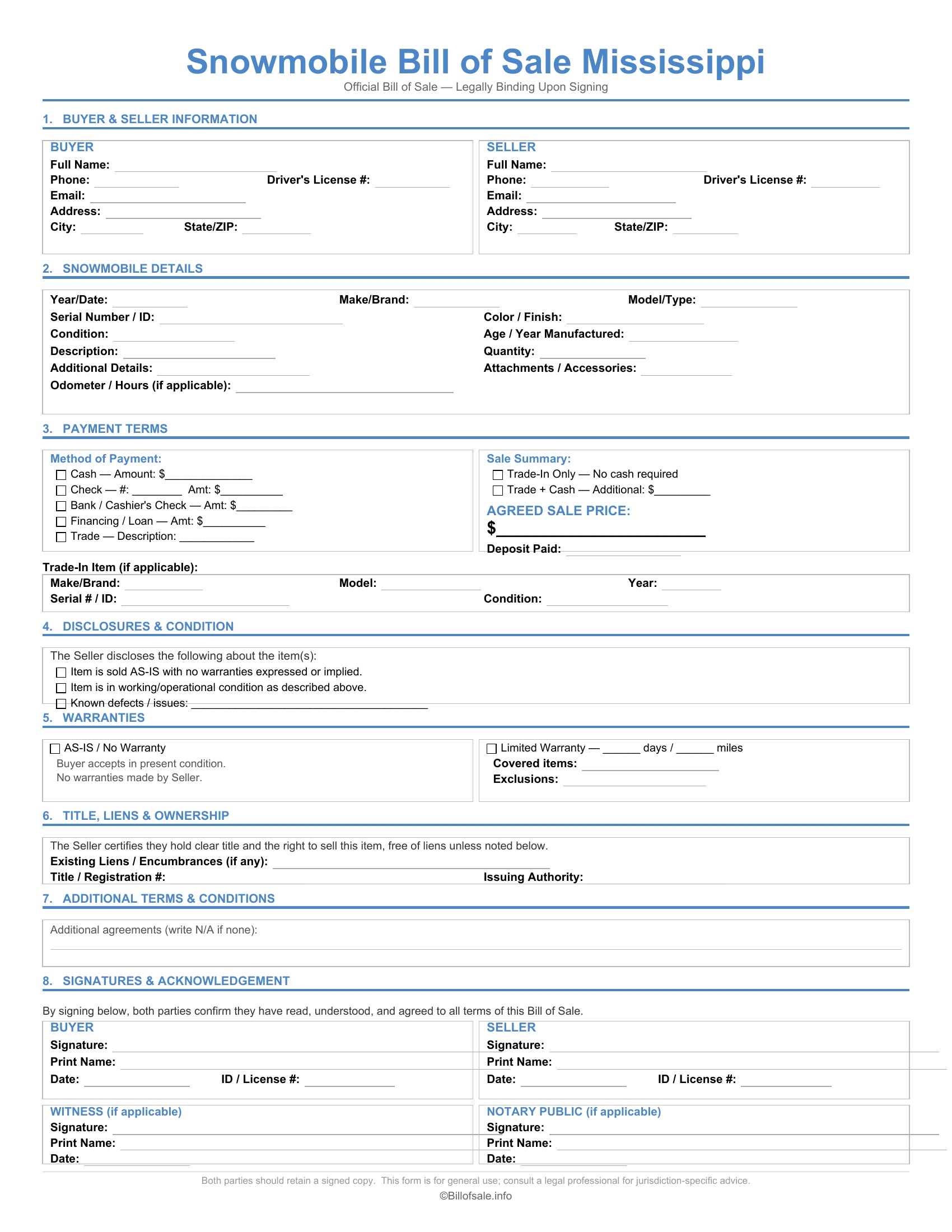 Mississippi Snowmobile Bill of Sale