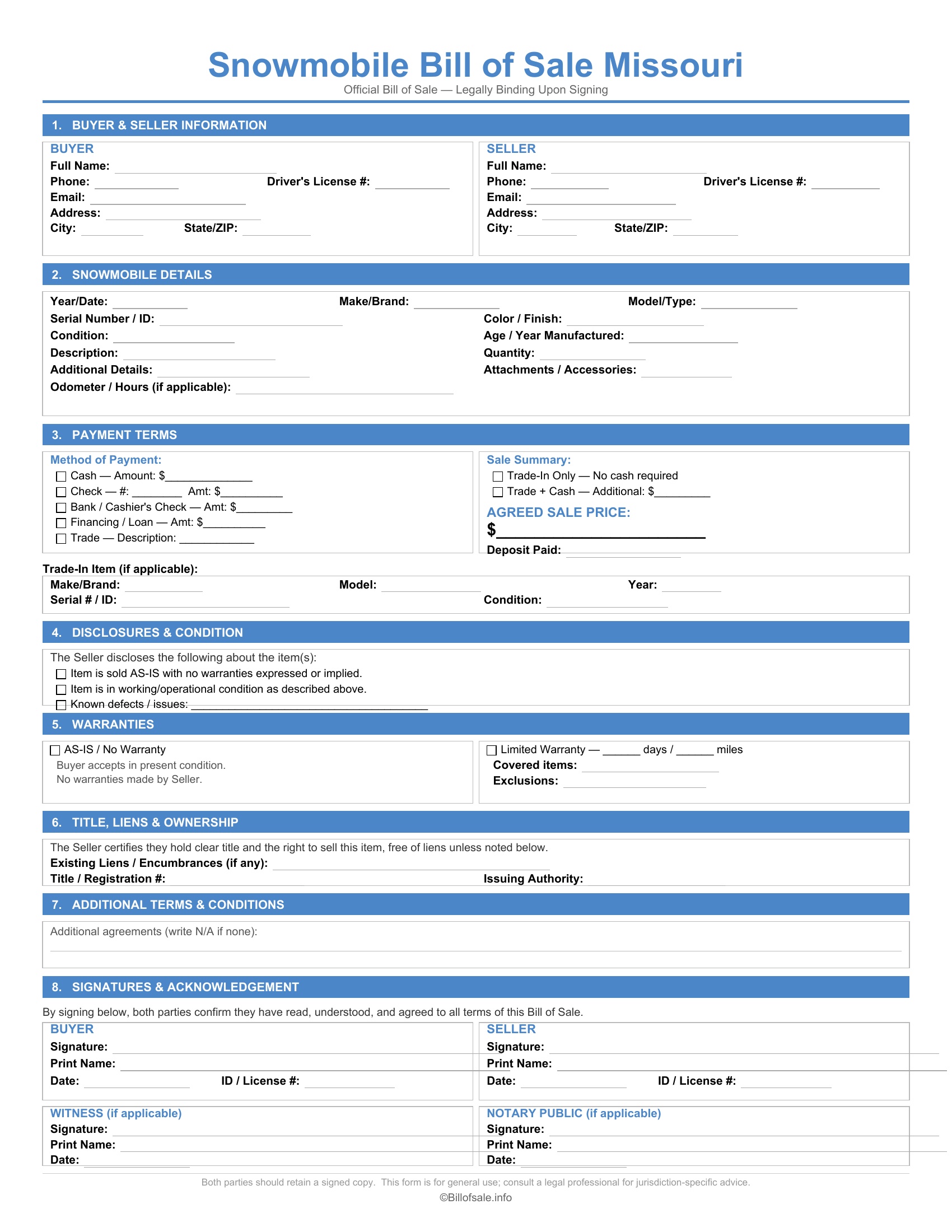 Missouri Snowmobile Bill of Sale