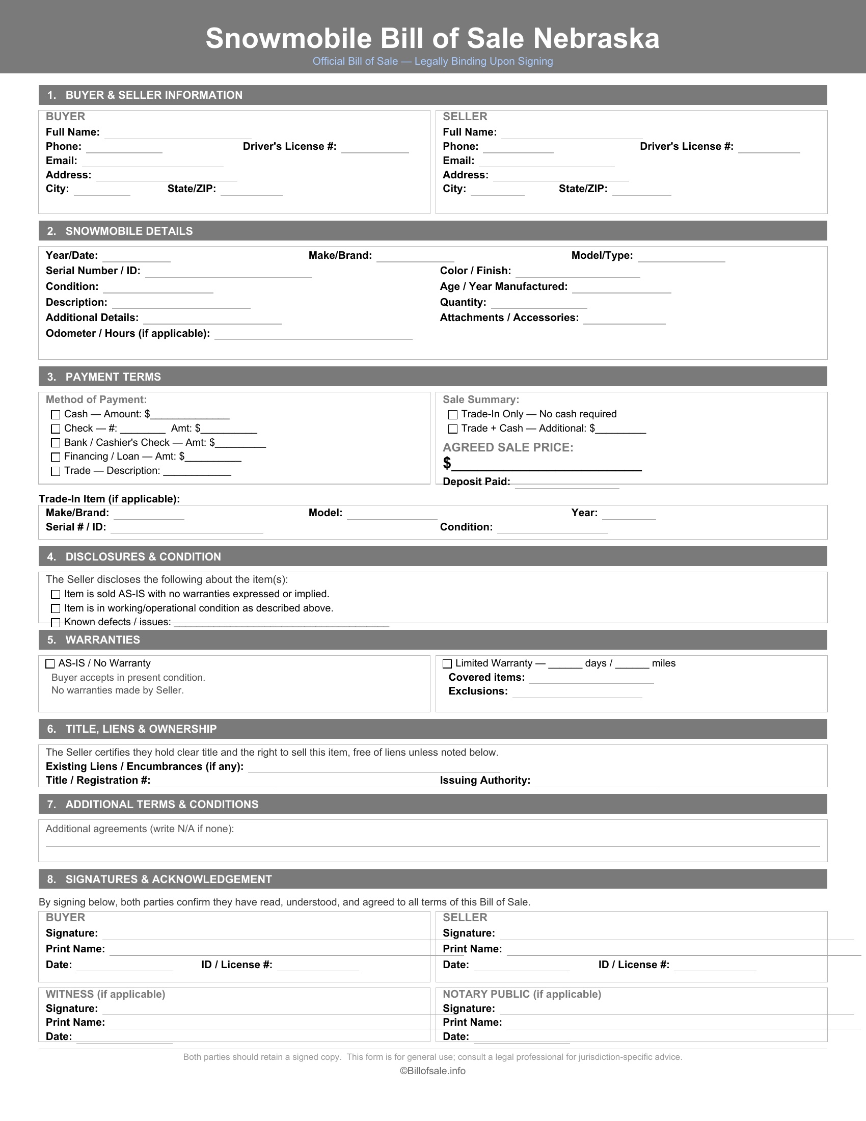 Nebraska Snowmobile Bill of Sale
