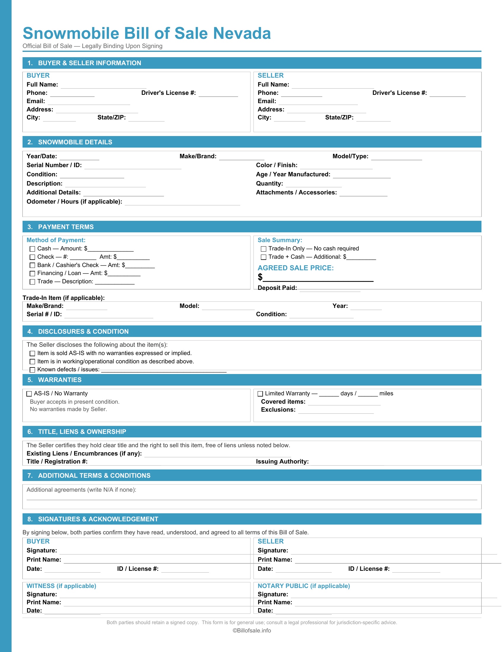 Nevada Snowmobile Bill of Sale
