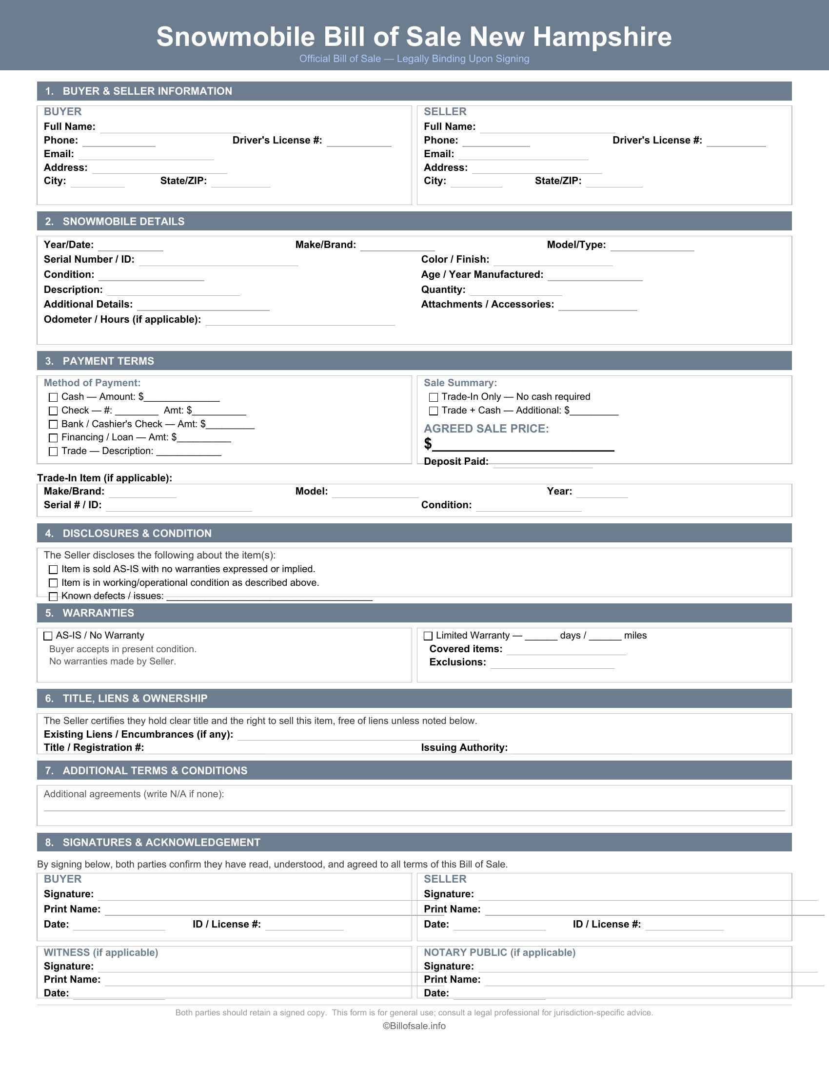 New Hampshire Snowmobile Bill of Sale