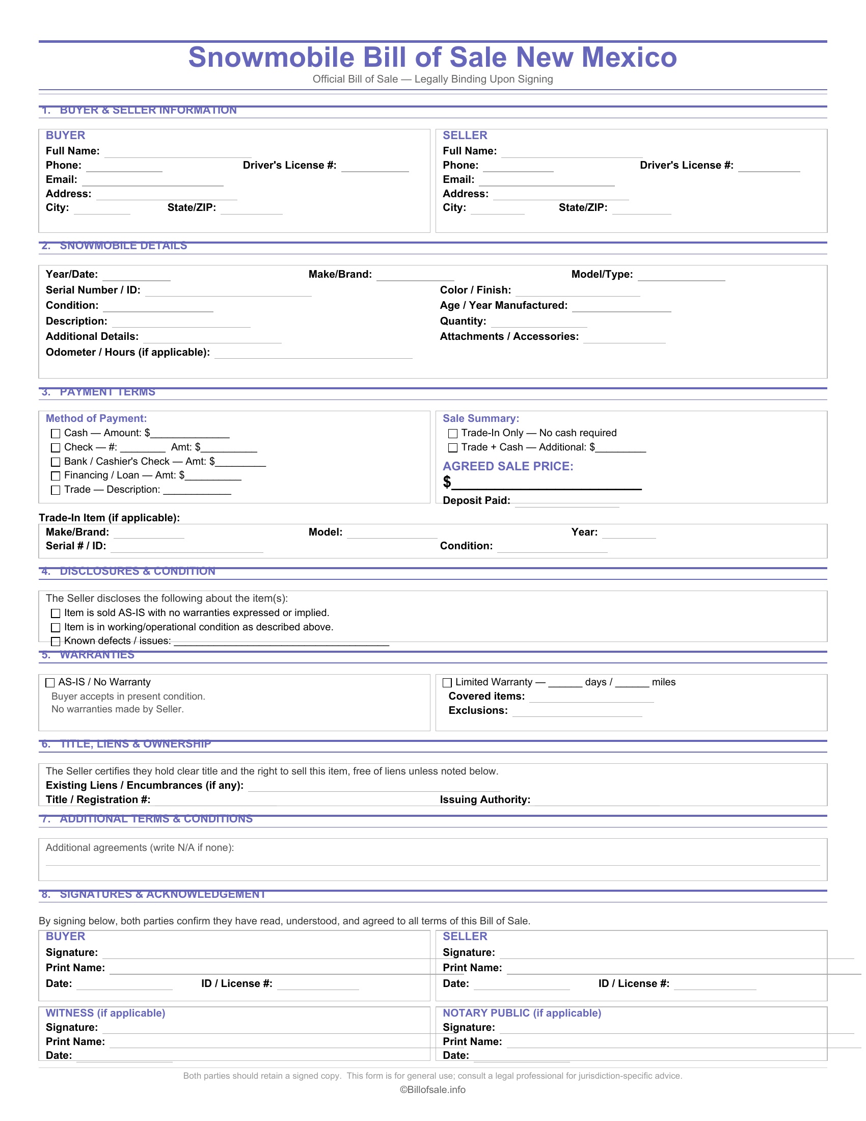 New Mexico Snowmobile Bill of Sale