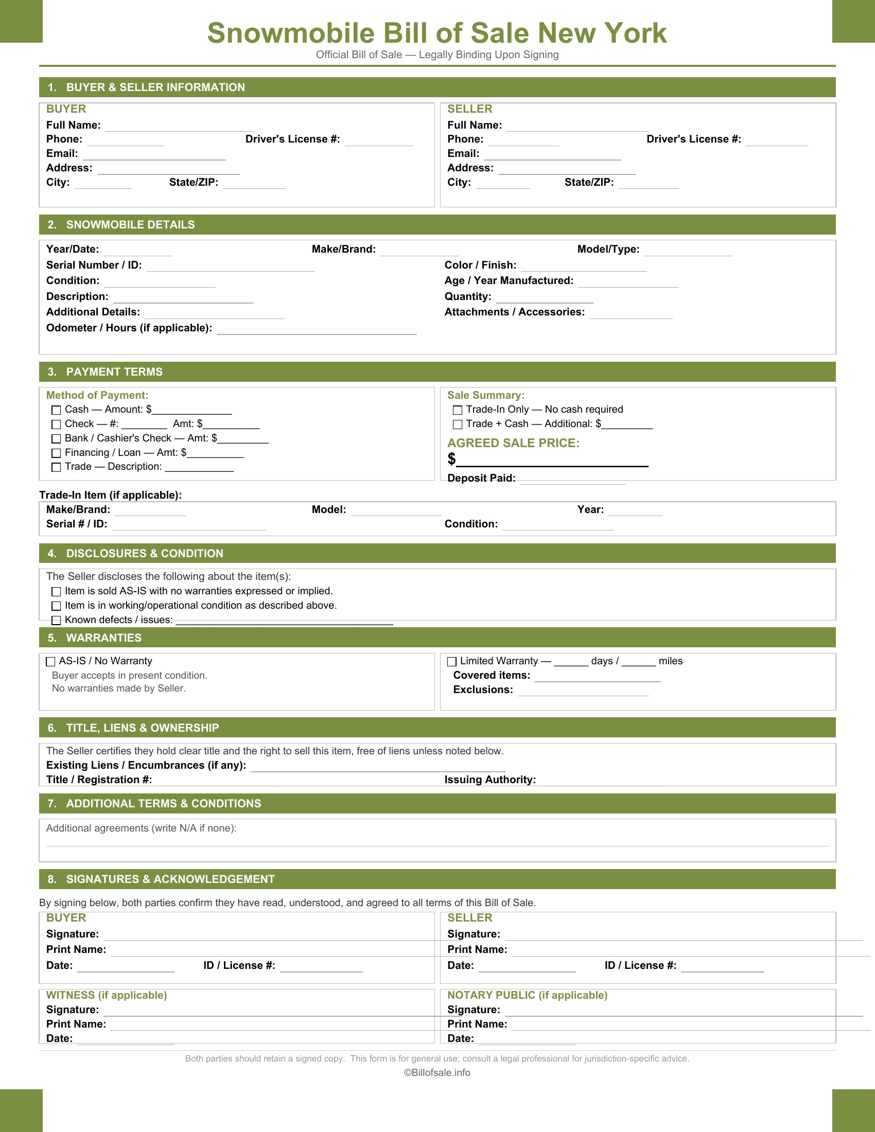 New York Snowmobile Bill of Sale